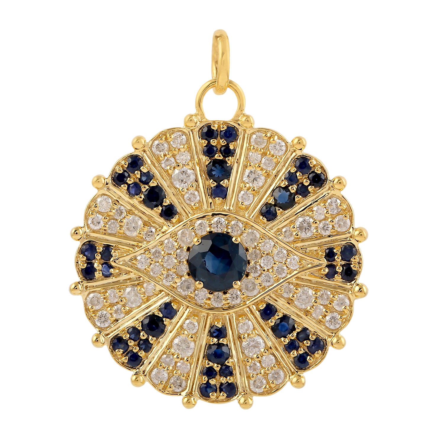 Women’s Blue / White / Gold Blue Sapphire Pave Diamond Evil Eye Pendant 14K Yellow Gold Enamel Artisan