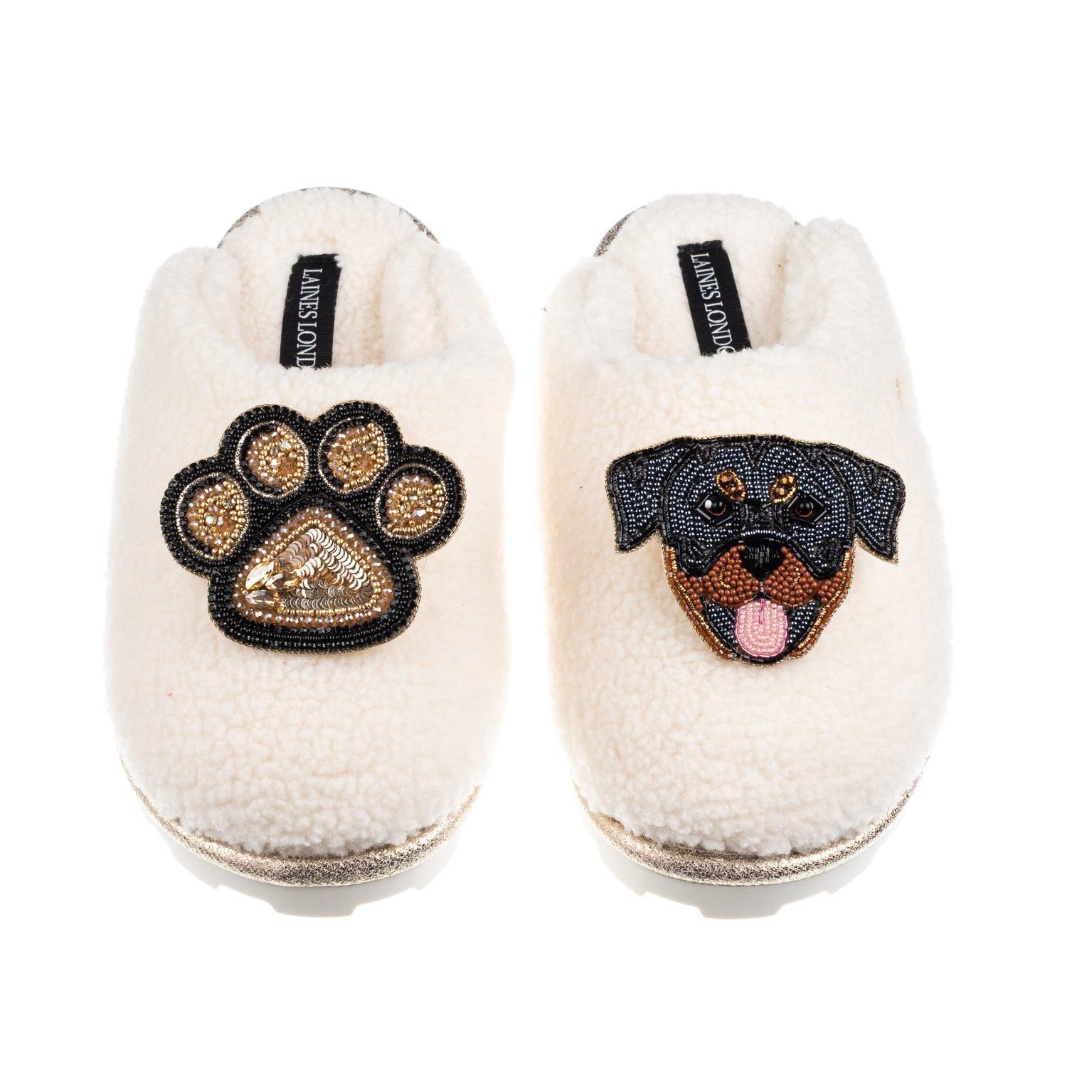 Laines London Women's Neutrals / White Teddy Closed Toe Slippers With Paw & Rottweiler Brooches - Cream In Neutral