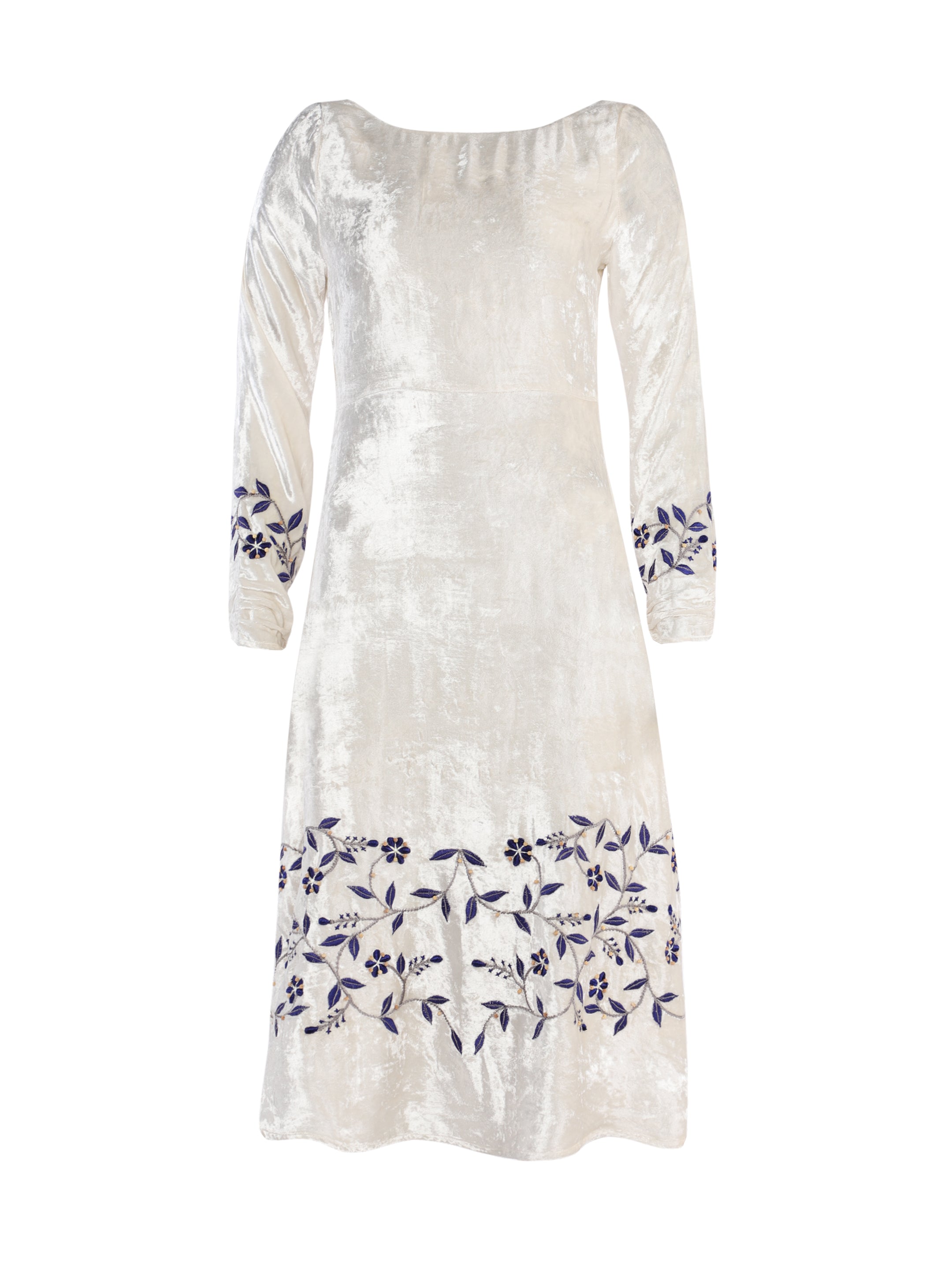 Women's White / Blue Marble White Velvet Dress With Pockets & Embroidery - Blue, White In White/blue