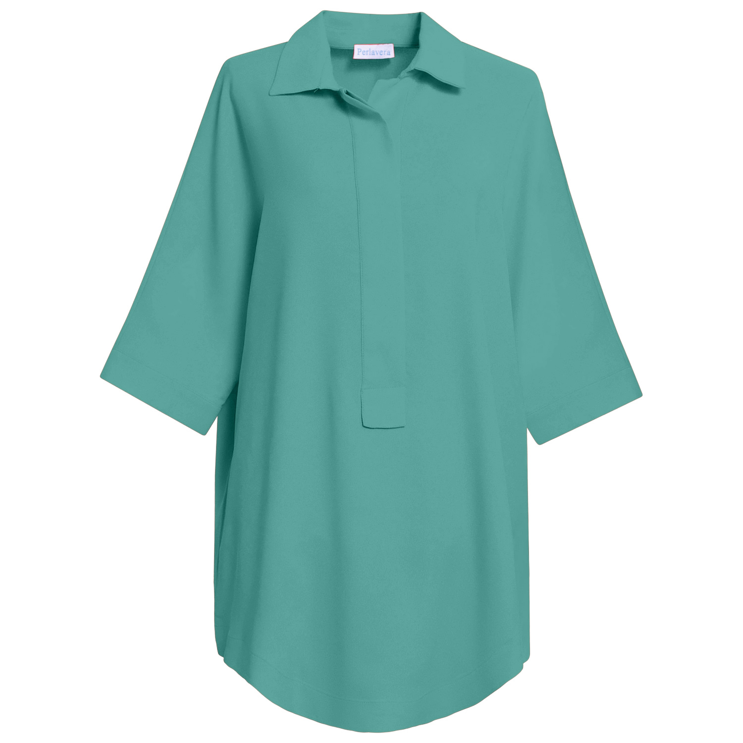 Perlavera Women's Green Pinoly Aqua Hidden Placket Three Quarter Sleeve Tunic In Green