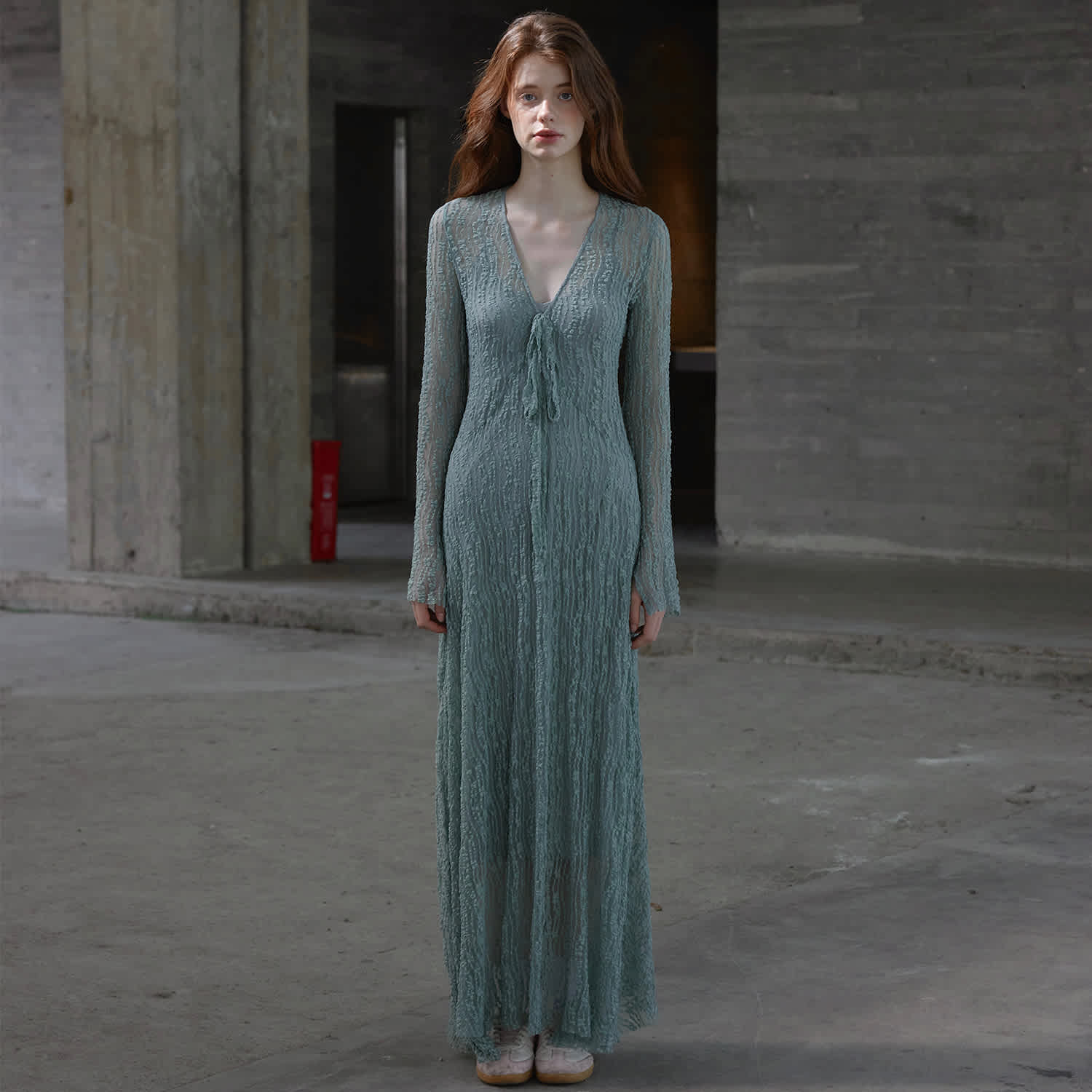 Trumpet Dress Flared Sleeve Sheer Lace Knit Dress In Blue