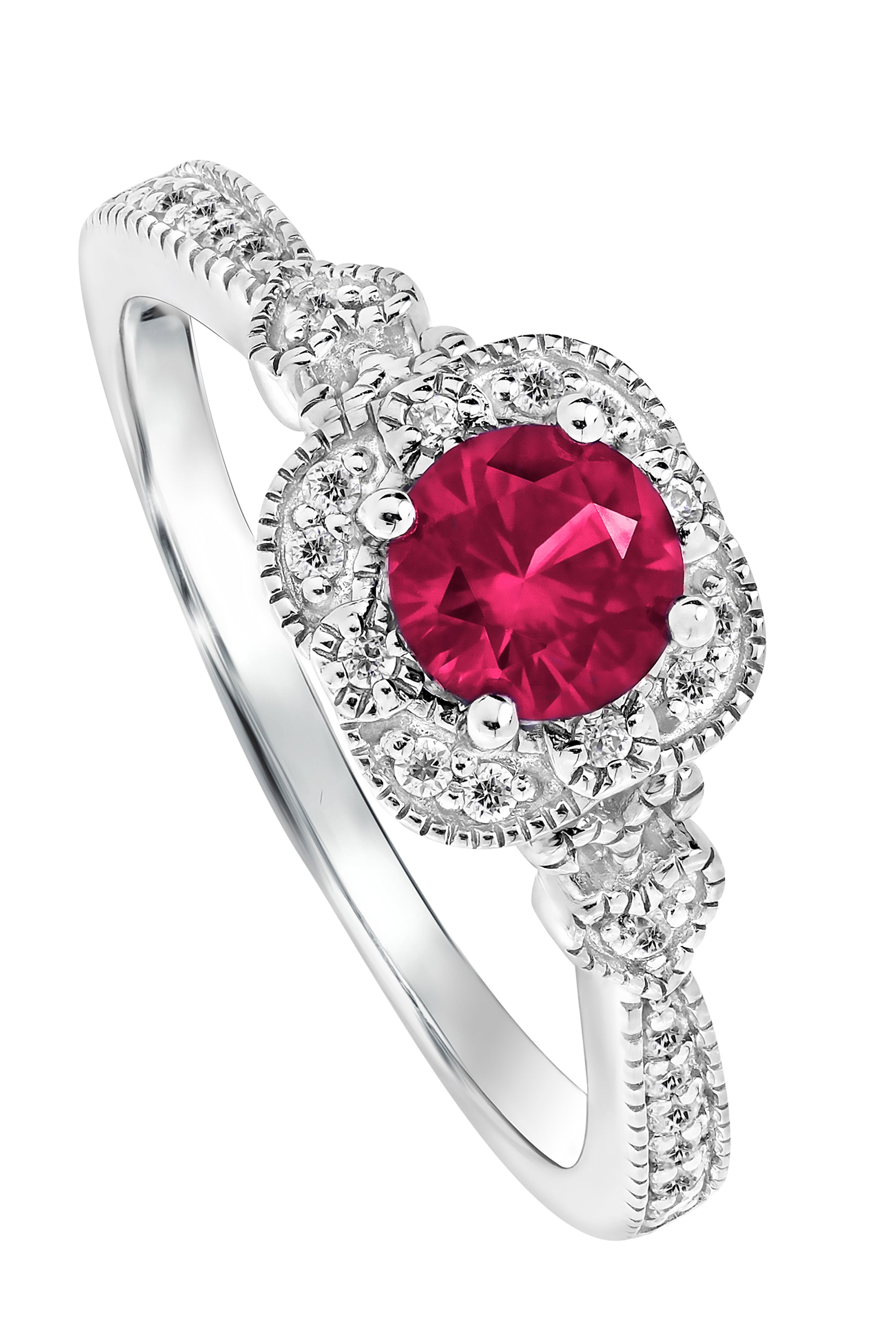 Women’s Red / Silver Harper White Gold Lab Grown Diamond & Created Ruby Vintage Inspired Ring Created Brilliance