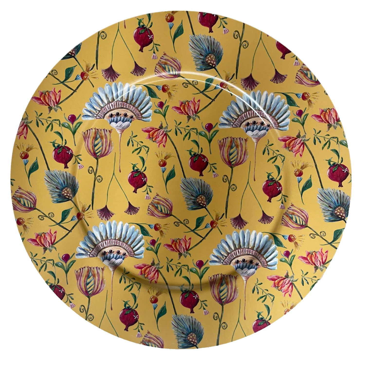 Yellow / Orange Suzani Flower Yellow Birch Wood Round Platter Catchii