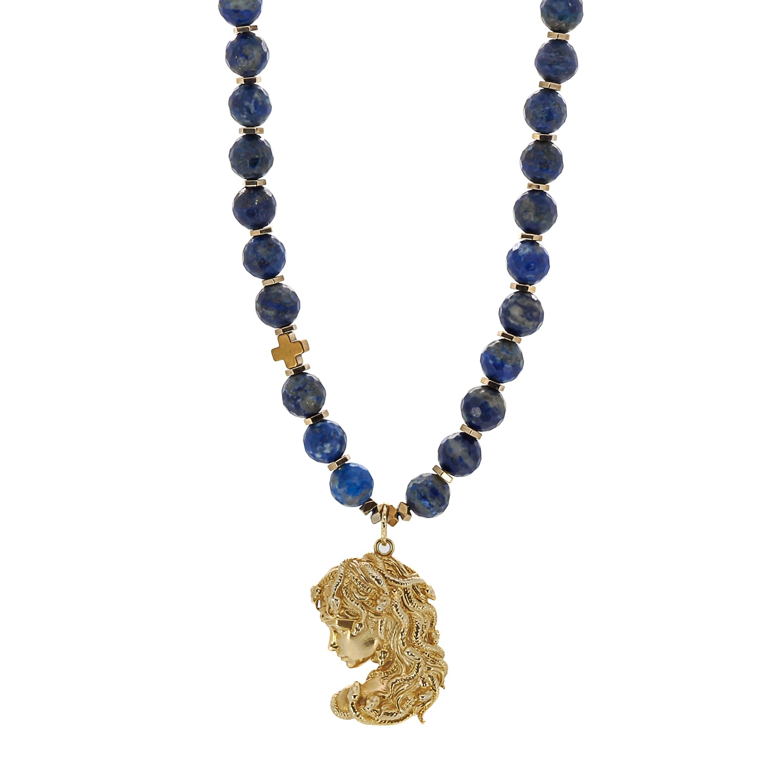 Women’s Gold / Blue Gold Medusa Pendant Lapis Lazuli Stone Beaded Necklace - Blue Ebru Jewelry