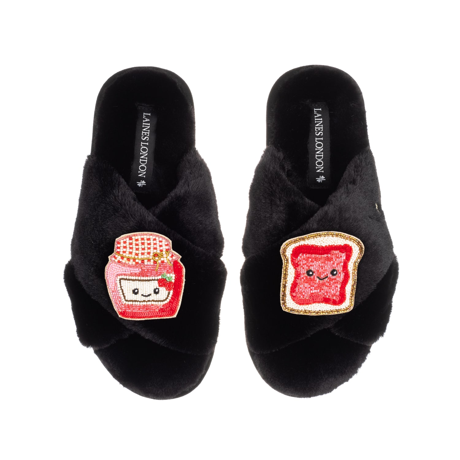 Laines London Women's Classic Slippers With Laines Loveables Jam & Toast Brooches - Black In Black