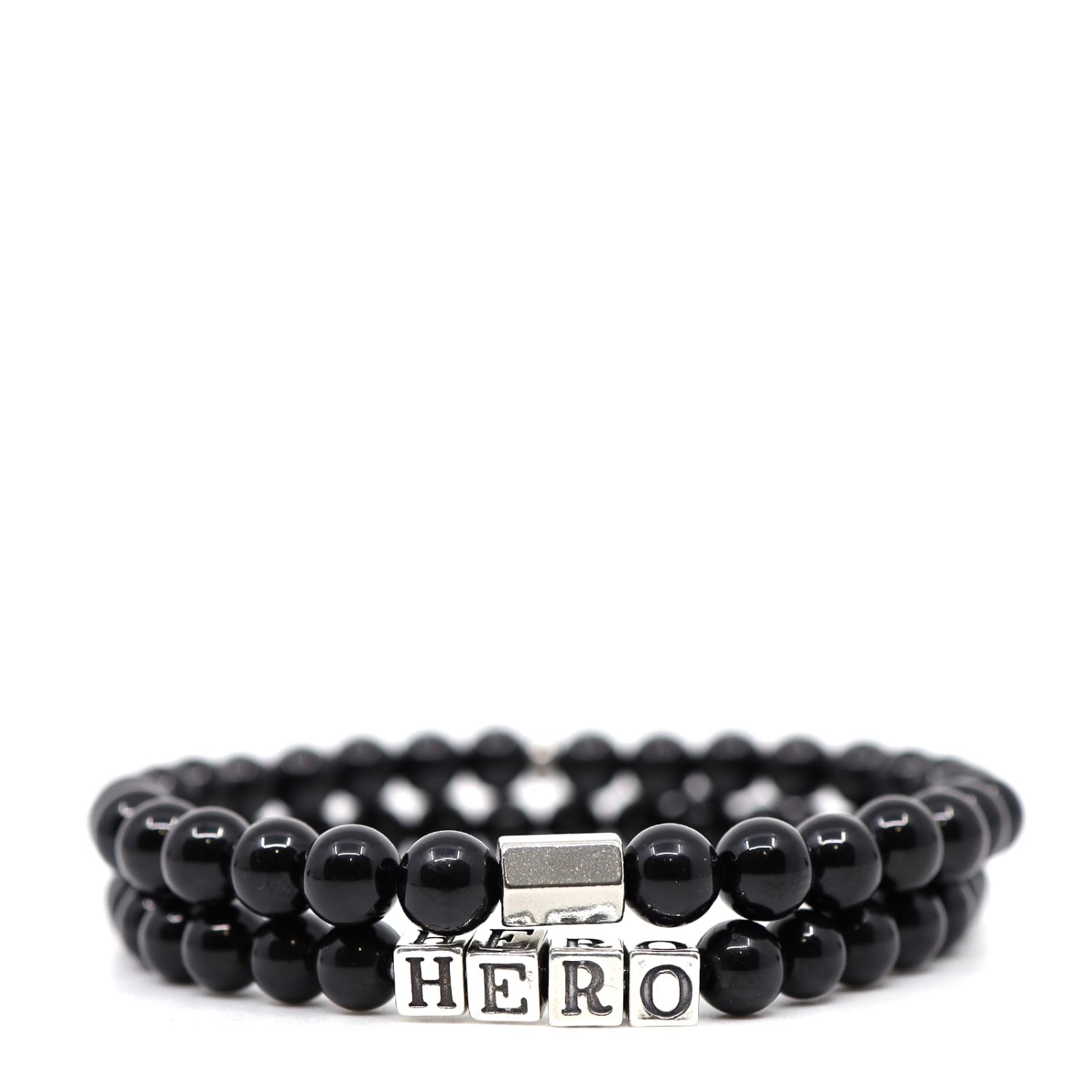 Shar Oke Men's Black / Silver Black Tourmaline & Hero Word Beaded Bracelet Set In Multi