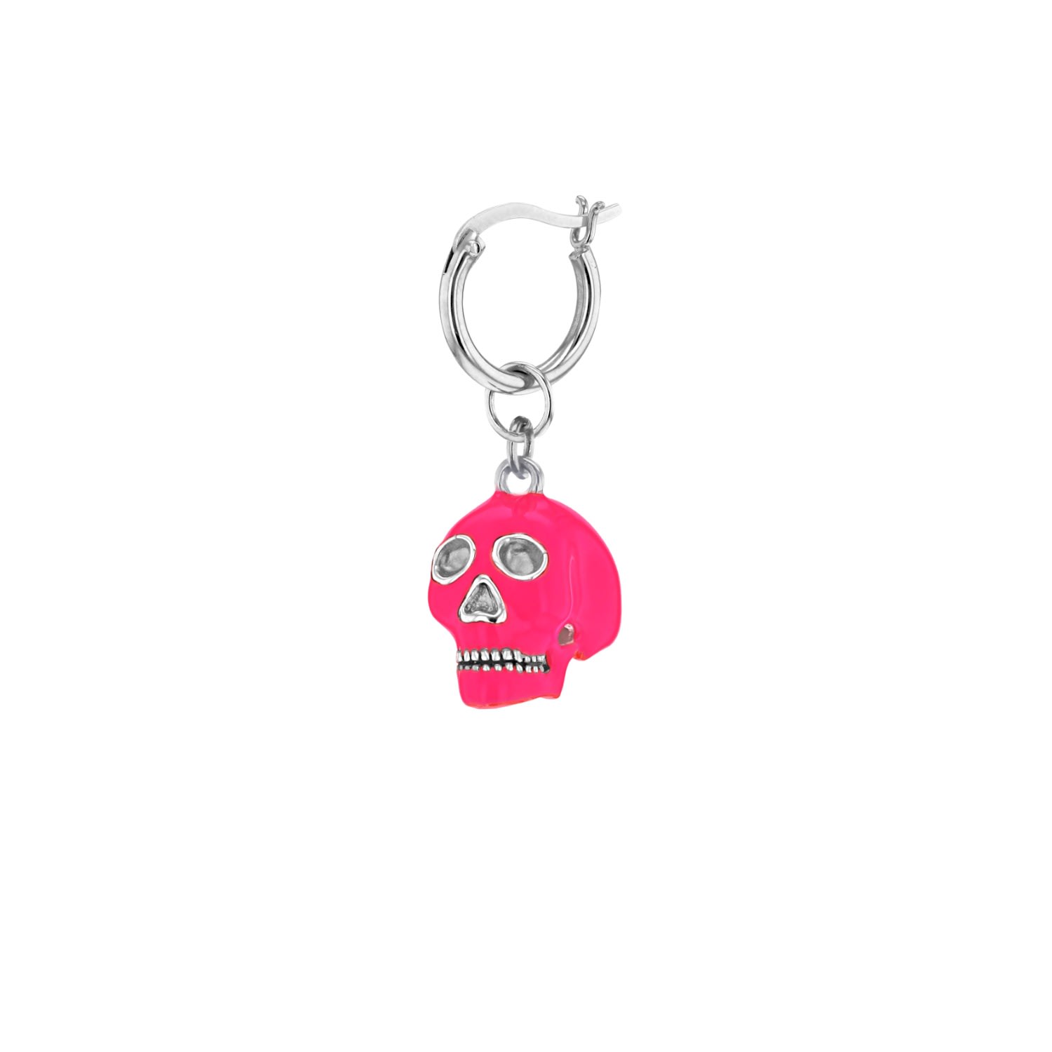 True Rocks Women's Neon Pink & Sterling Silver Mini Skull On A Silver Hoop Earring In Burgundy