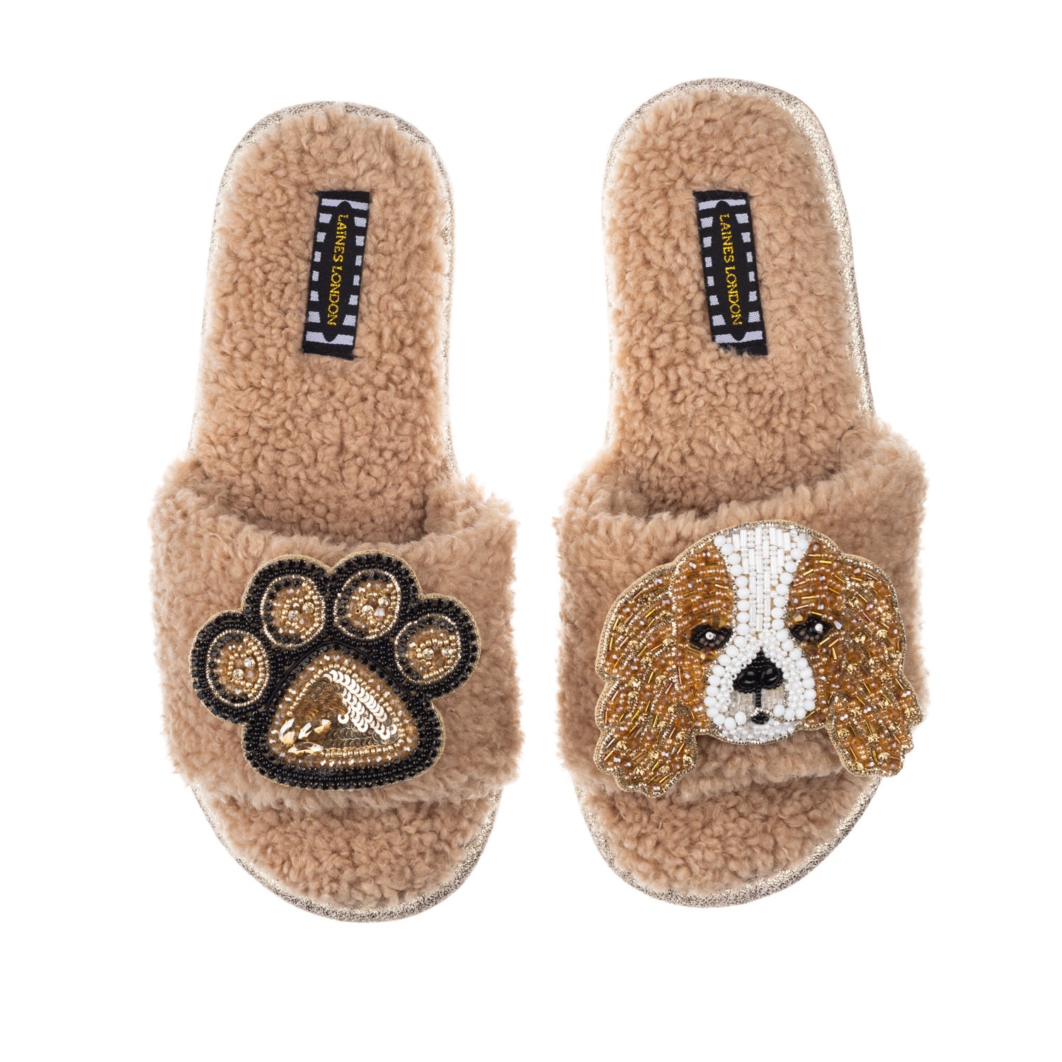 Brown Teddy Towelling Slipper Sliders With Lady Spaniel & Paw Brooches - Toffee Large Laines London