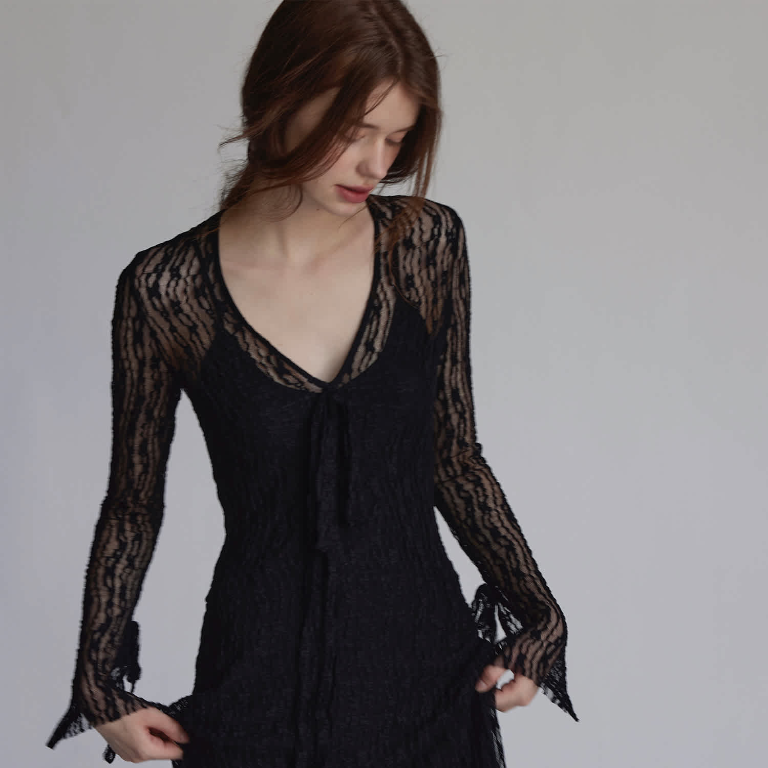 Trumpet Dress Flared Sleeve Sheer Lace Knit Dress In Black | Belsize25 |  Wolf & Badger