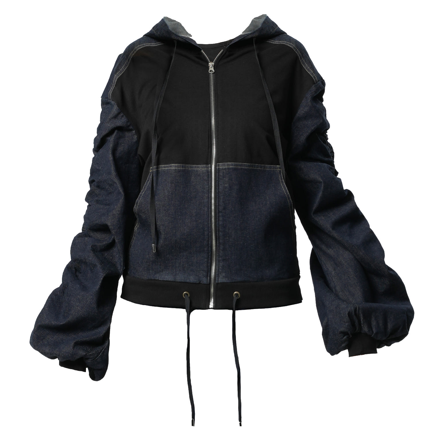 Metamorphoza Women's Blue Extravagant Denim Jacket With Gathered Sleeves In Black