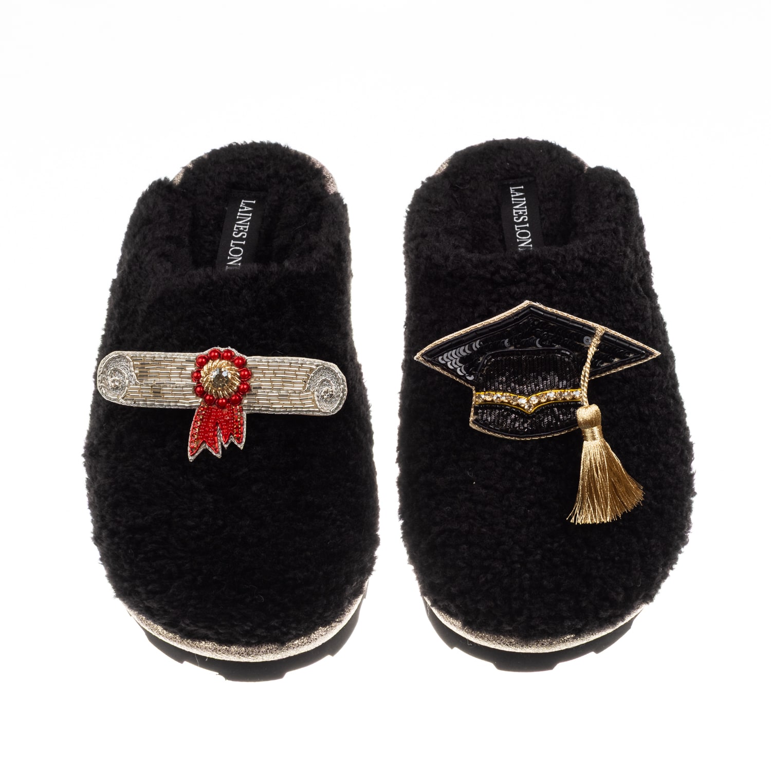 Laines London Women's Teddy Closed Toe Slippers With Graduation Brooches - Black In Black