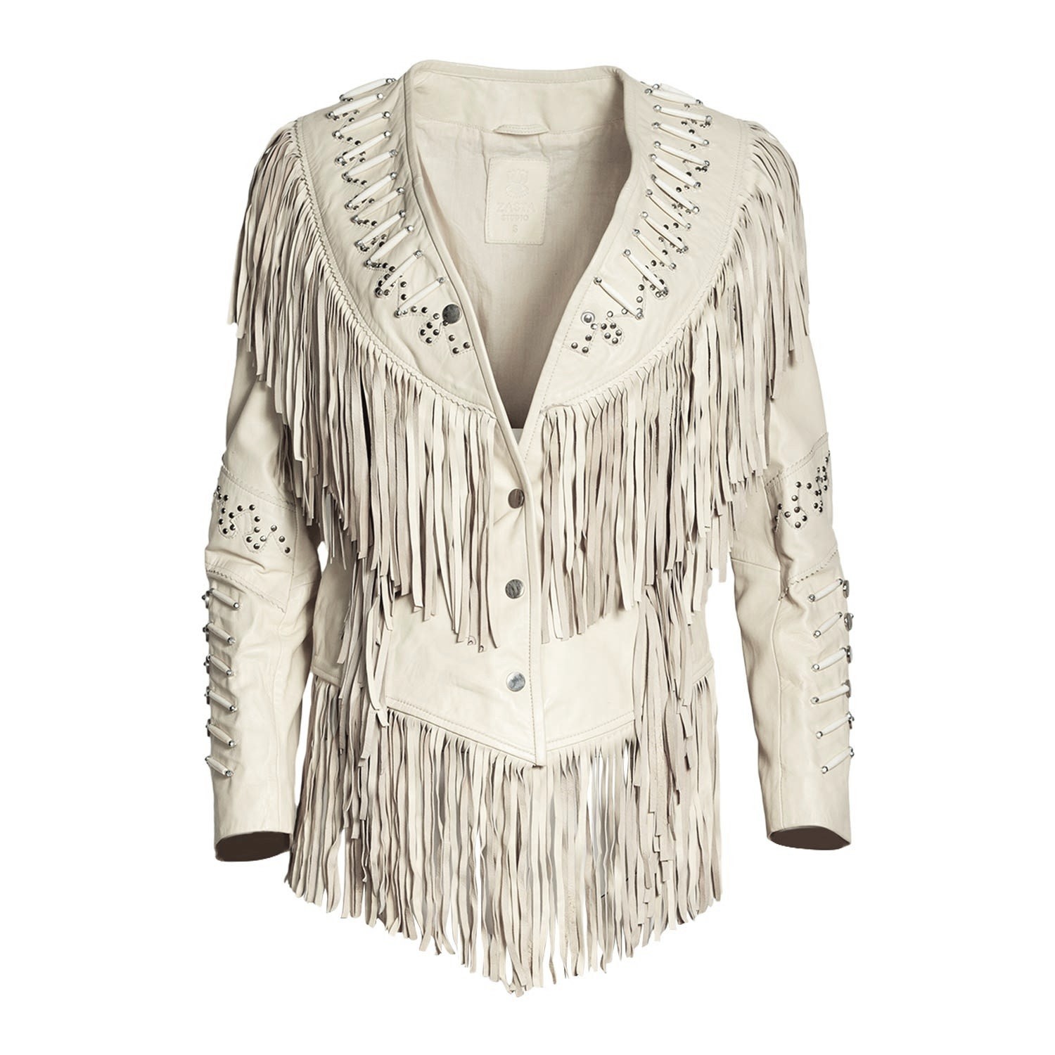 Zasta Studio Women's The Leader Off White  Leather Jacket With Fringes In White