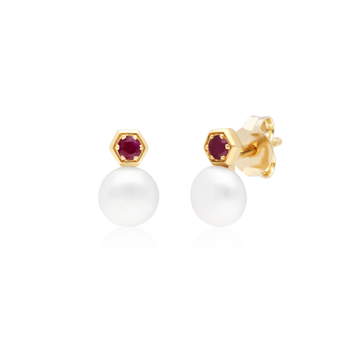 Women’s Red Ruby & White Pearl Stud Earrings In Yellow Gold Gemondo