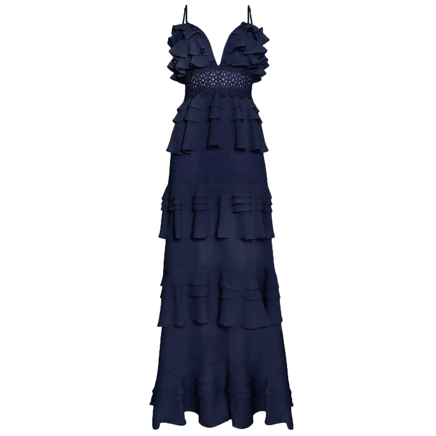 navy ruffle maxi dress