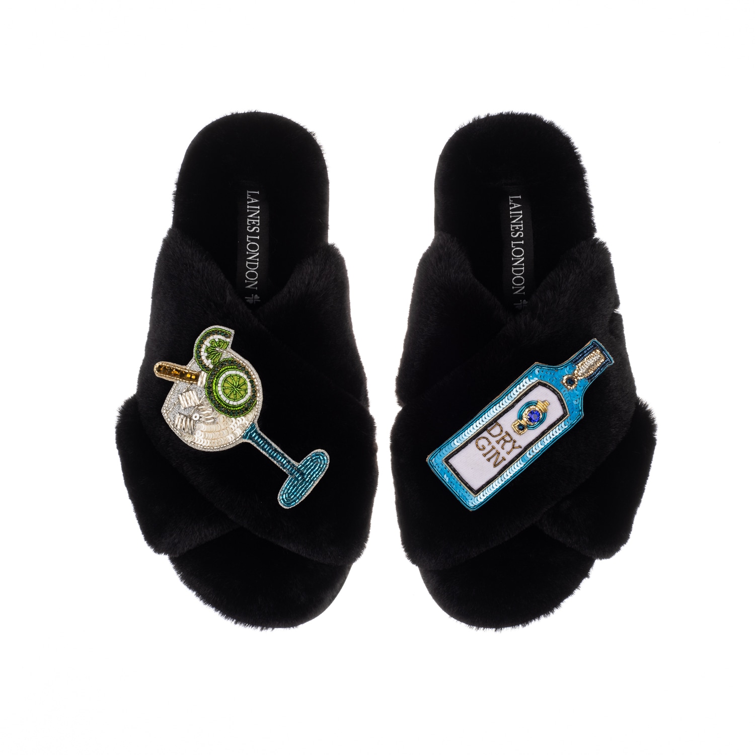Laines London Women's Classic Laines Slippers With Sapphire Gin & Glass Brooches - Black In Black
