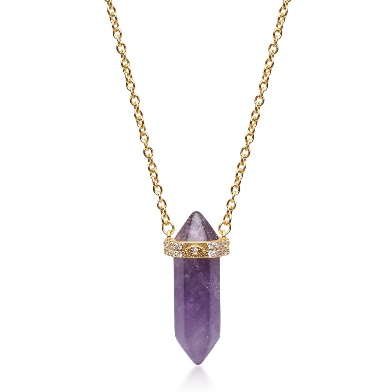 Nialaya Women's Gold / Pink / Purple Sterling Silver Amethyst Crystal Necklace With Engraved Evil Eye Detail