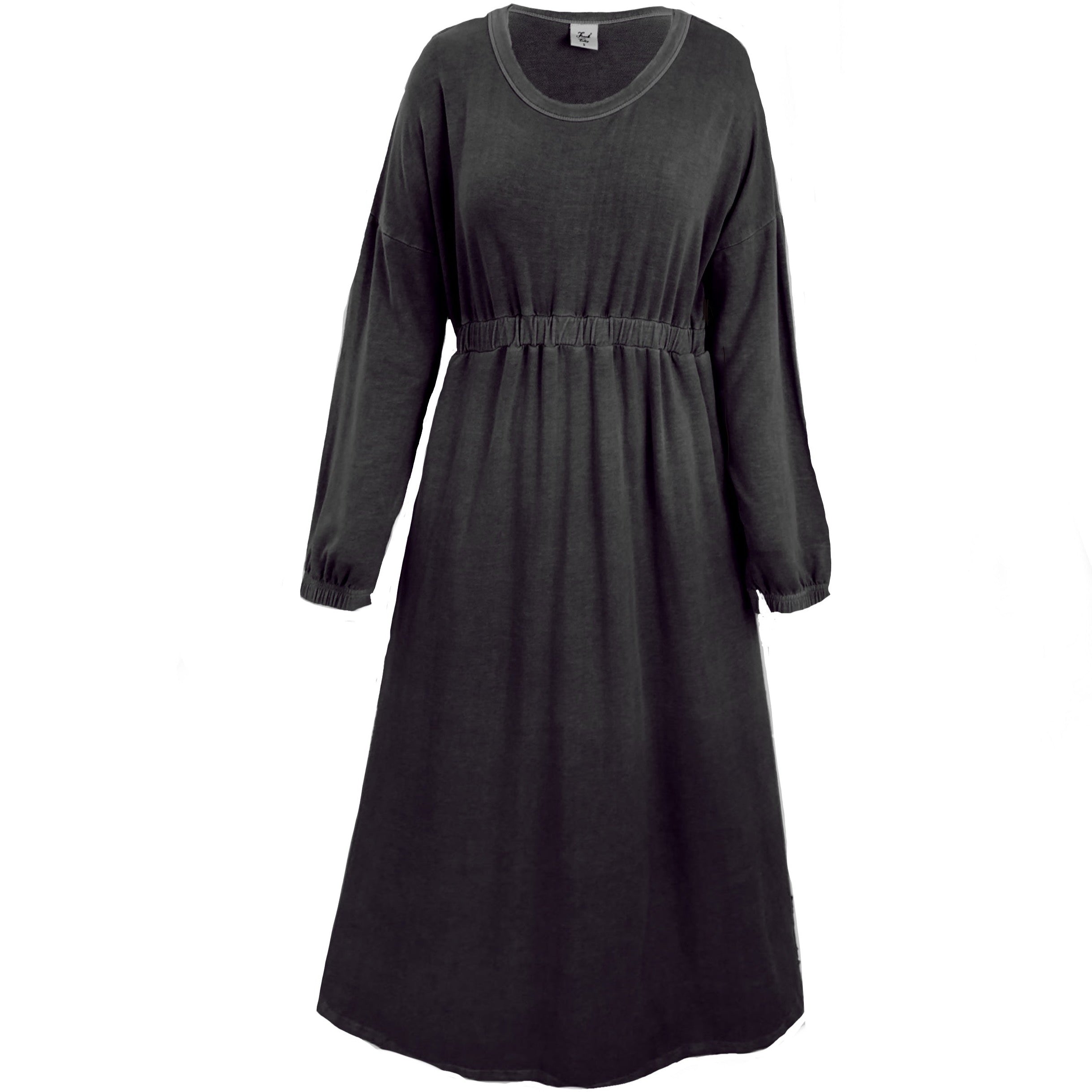 FROCK TALES WOMEN'S BLACK / GREY RUSTIC MIDI DRESS WITH LONG SLEEVE IN CHARCOAL