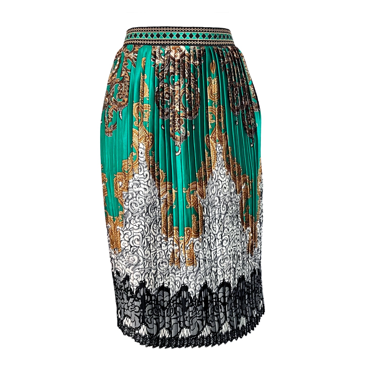 Women’s White / Green Embroidered Pleated Scarf Midi Skirt - Green, White Medium L2R the Label