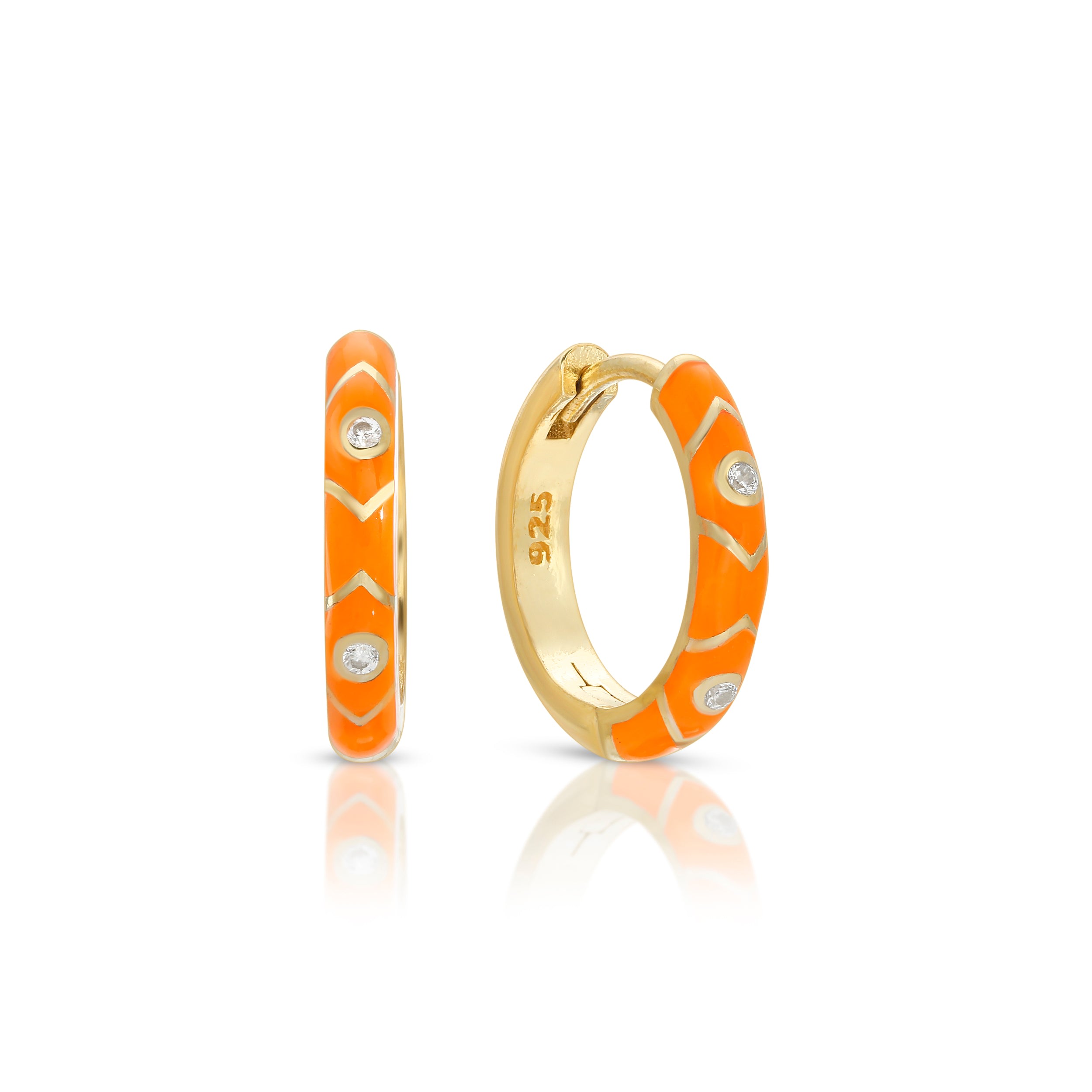 Essentials Jewels Women's Yellow / Orange Cz Enamel Colored Huggie Earring - Orange