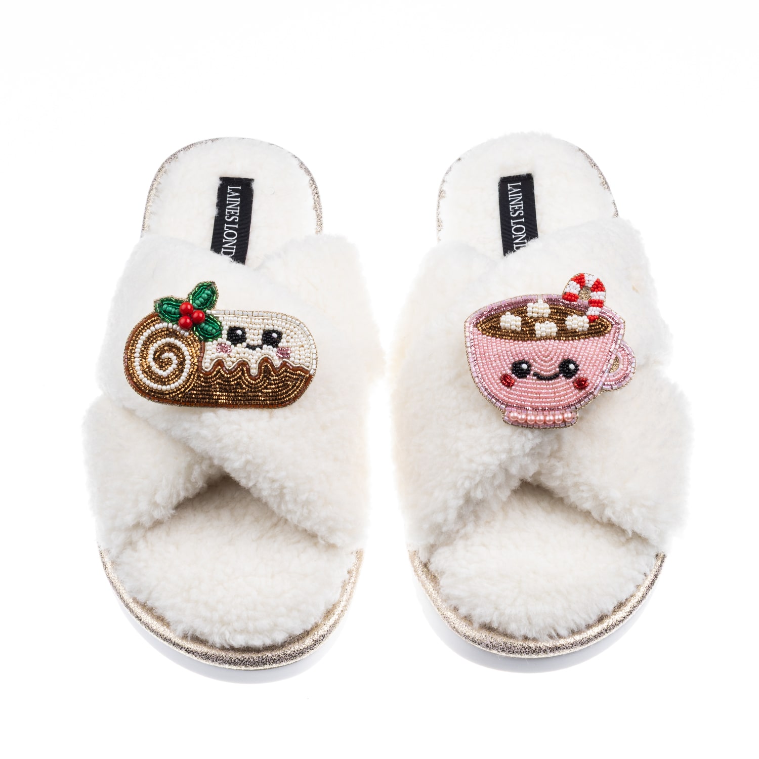 Laines London Women's Neutrals / White Laines Boucle Slippers With Christmas Lovable Yule Log & Hot Chocolate Broo In Gray