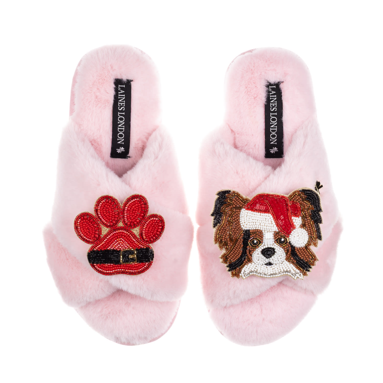 Laines London Women's Classic Slippers With Christmas Papillon & Paw Brooches - Pink In Pink