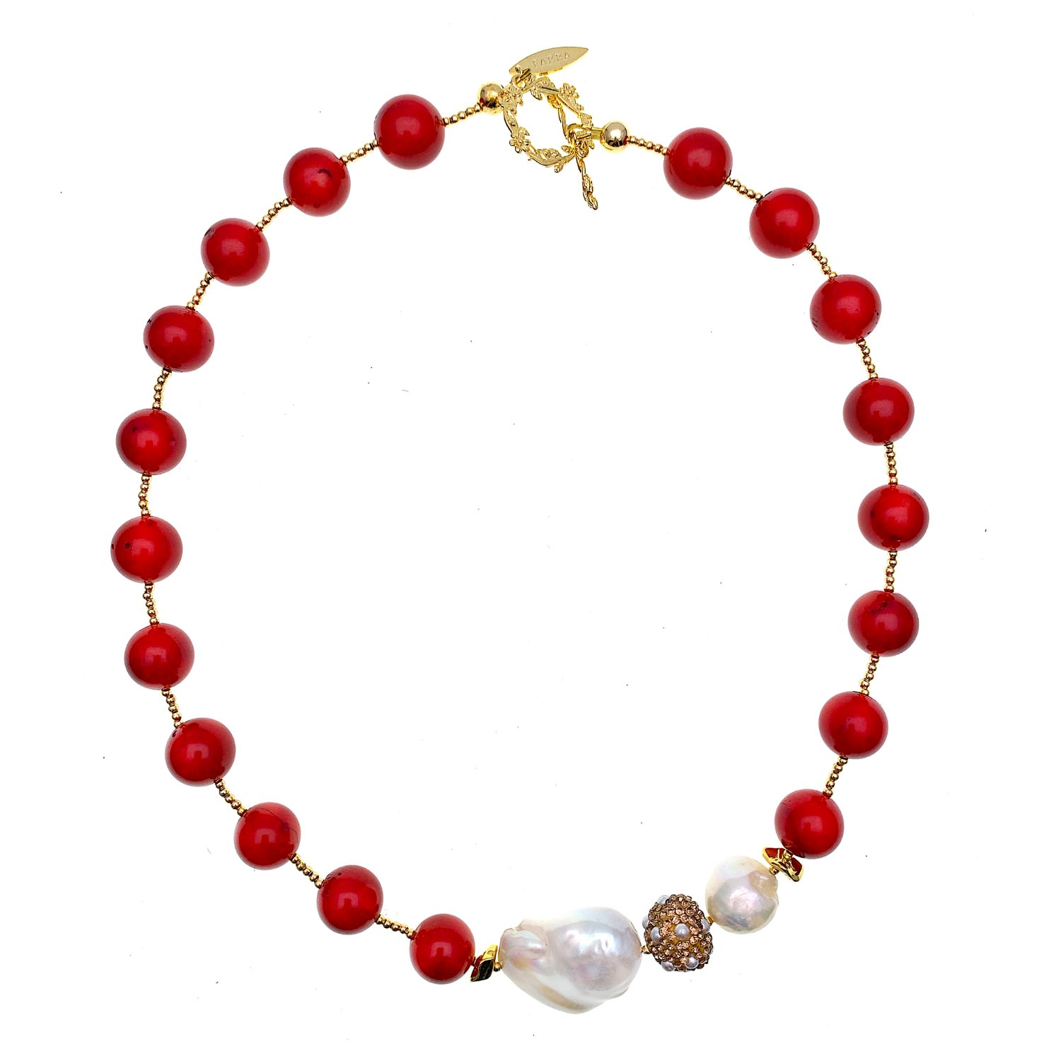 Farra Women's Red Corals With Baroque Pearl & Rhinestone Statement Necklace