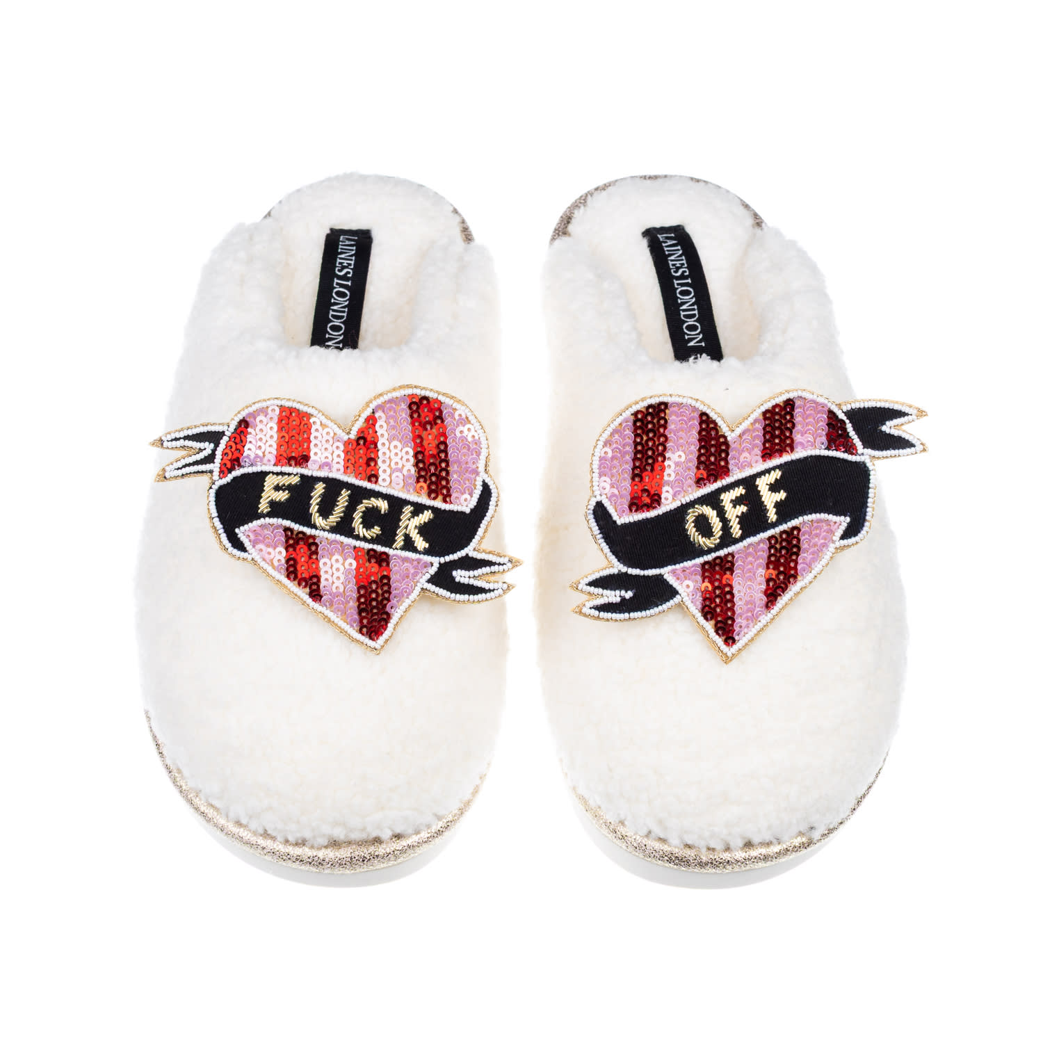 Laines London Women's Gold / Neutrals / White Teddy Closed Toe Slippers With Pink & Red Stripe Fuck Off Brooches - In Multi
