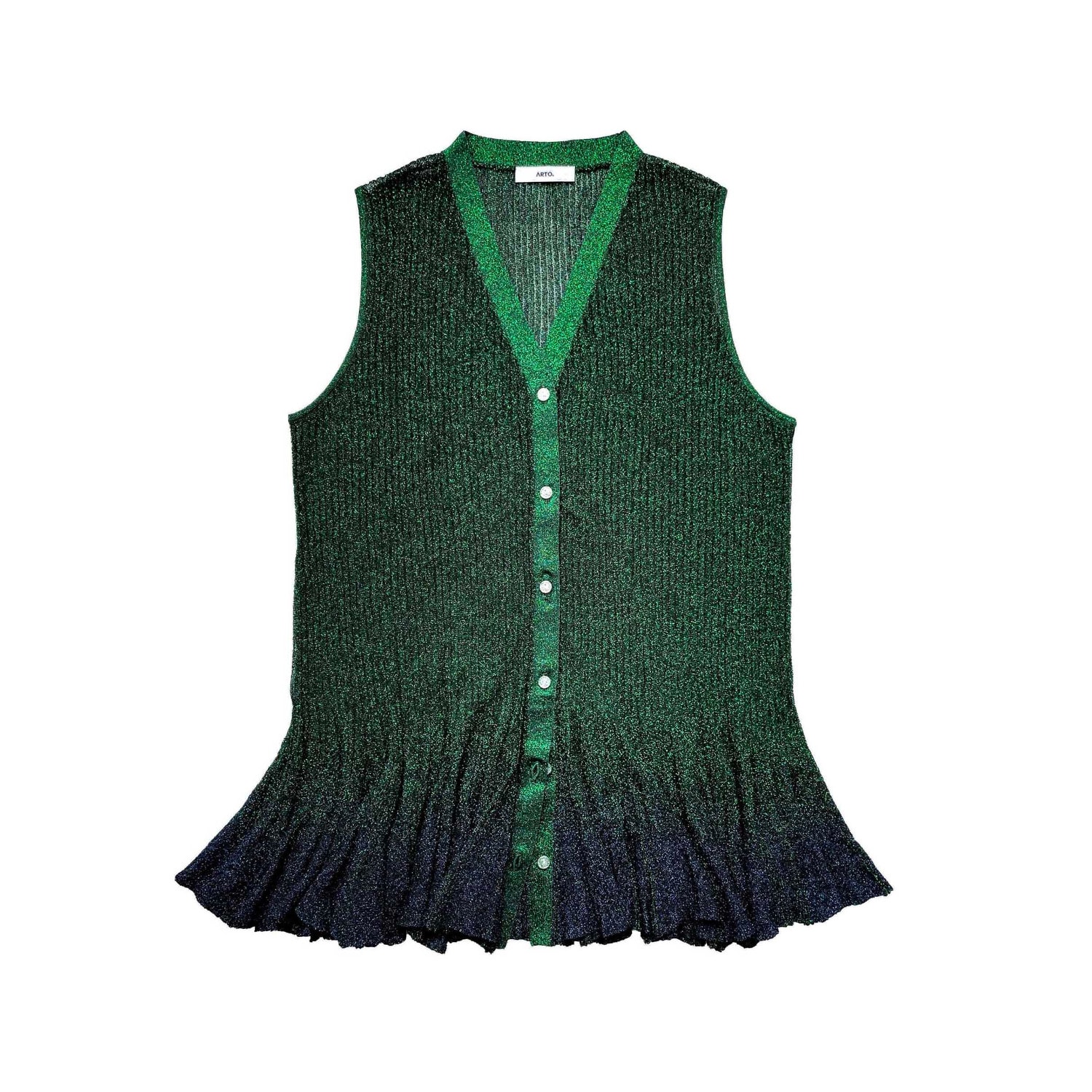 Women’s Lurex Metallic Flying Knit Ribbed Sleeveless Cardigan Vest -Green Small Arto.