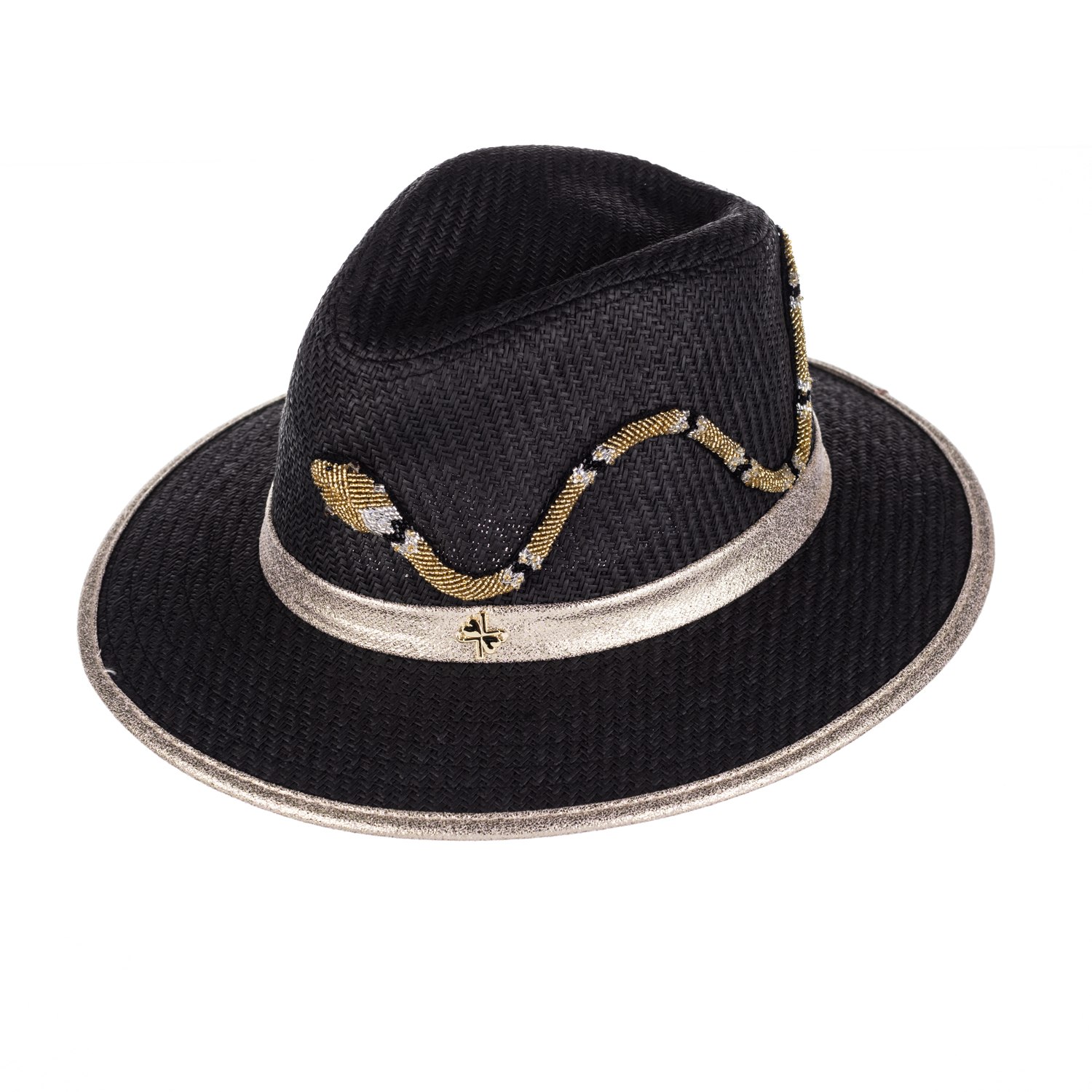 Laines London Women's Black / Gold Straw Woven Hat With Couture Embellished Gold & Black Snake - Black In Black/gold