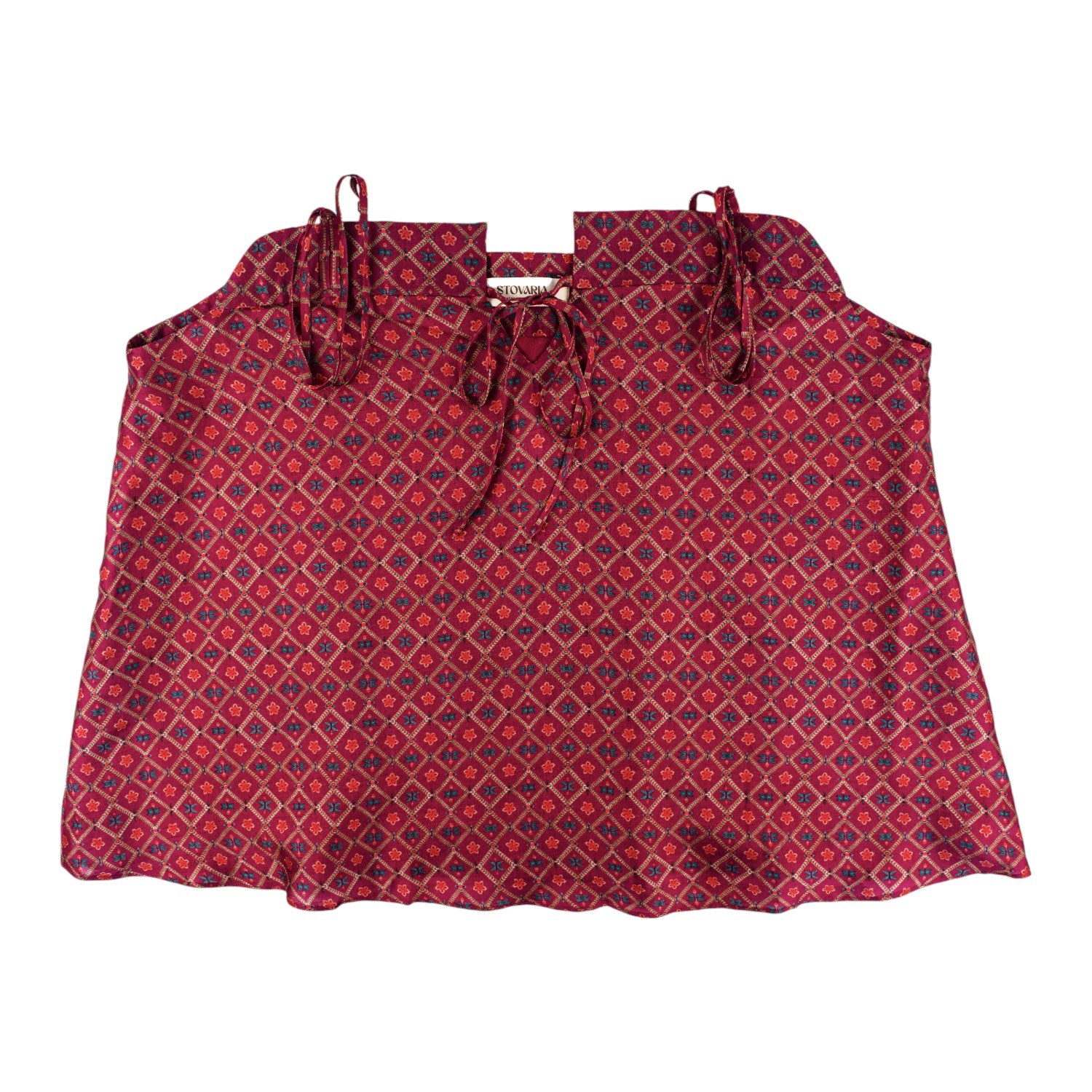 Stovaria Women's Red Handmade Slub Silk Camisole - Geometric Print Tie-front Top