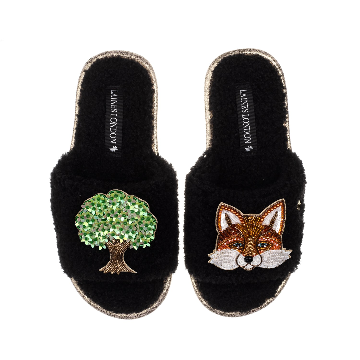 Laines London Women's Teddy Toweling Slipper Sliders With Oak Tree & Fox Brooches - Black In Black