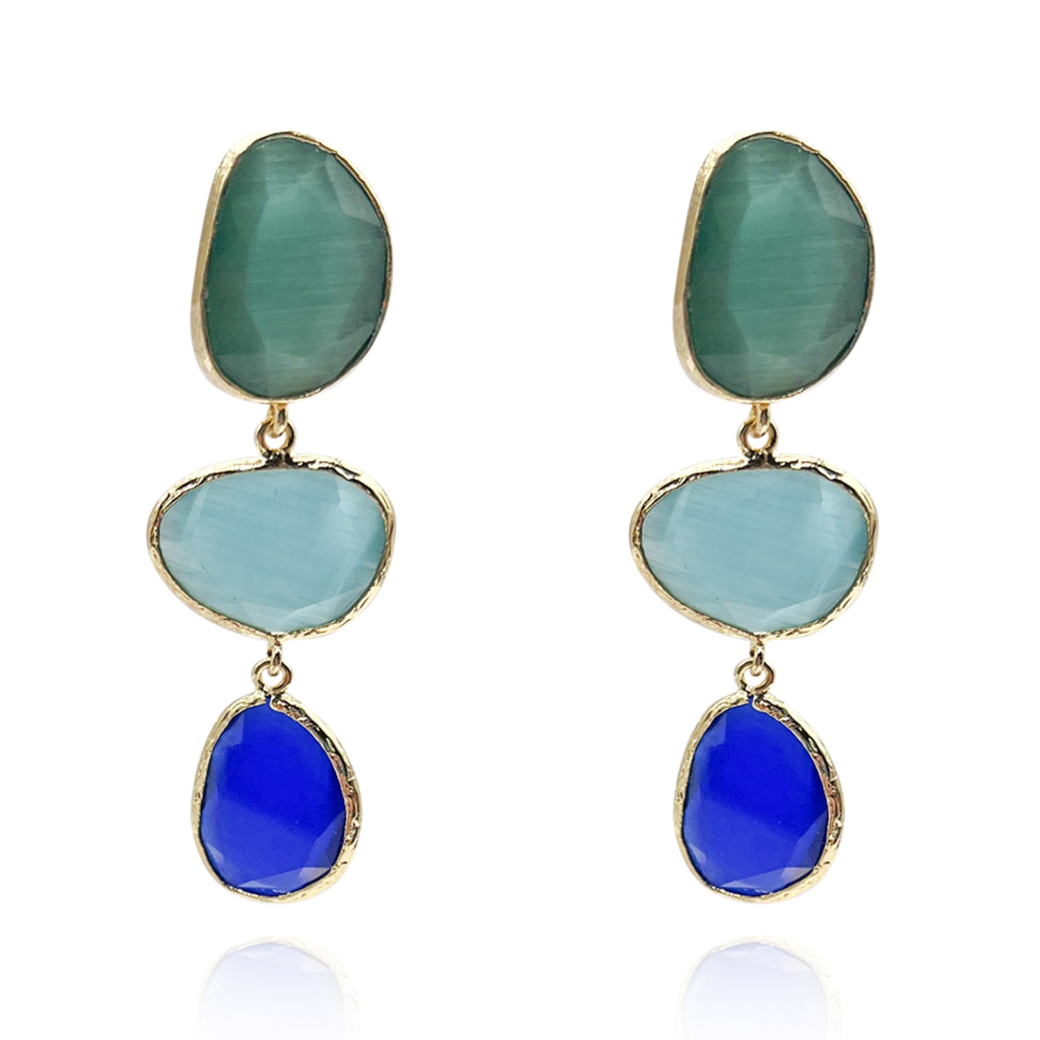 Women’s Blue & Green Cat’s Eye Triple Drop Earrings - Faceted Design Michael Nash Jewelry