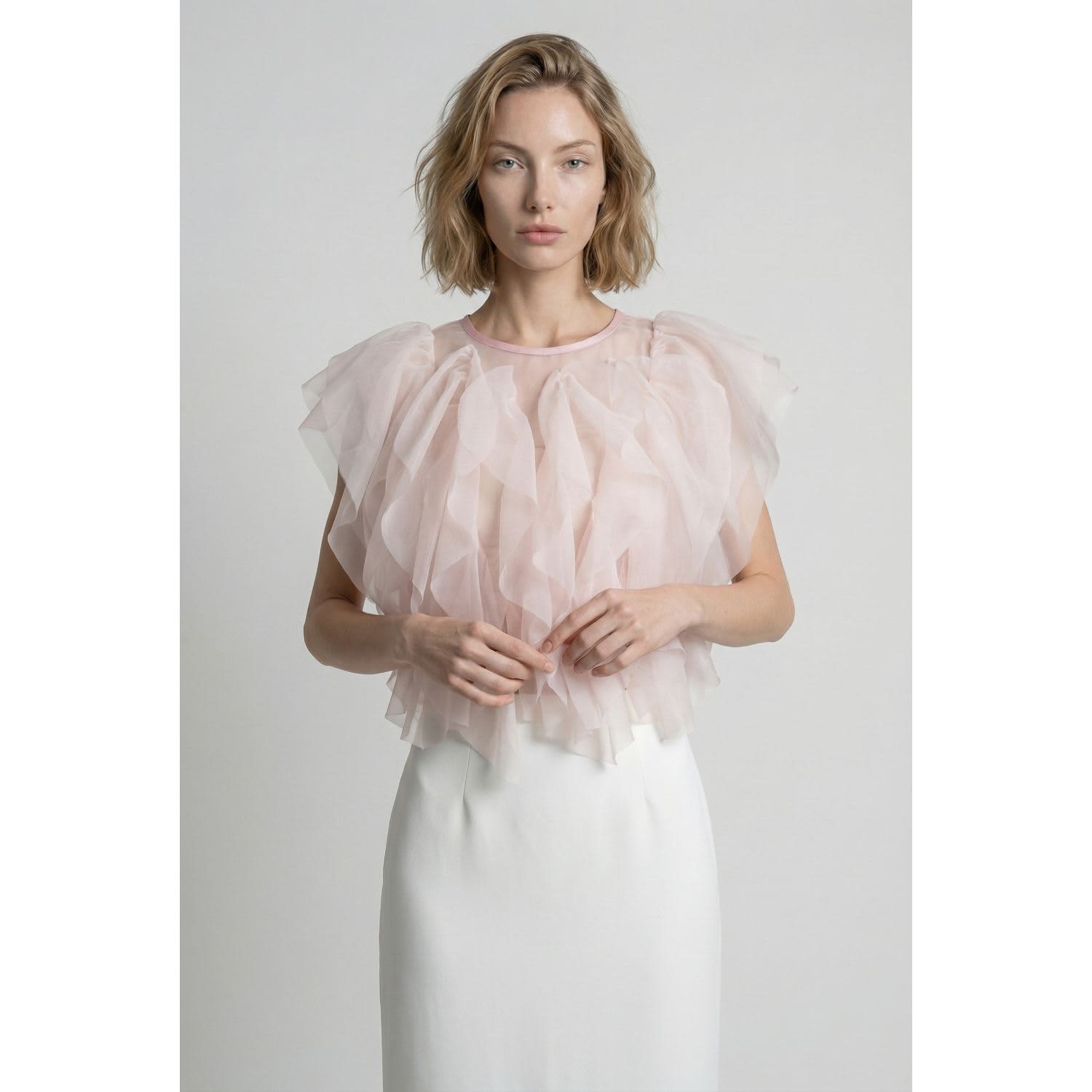Sheer Tulle Blouse With Cascading Ruffles | Modenaire | Wolf & Badger