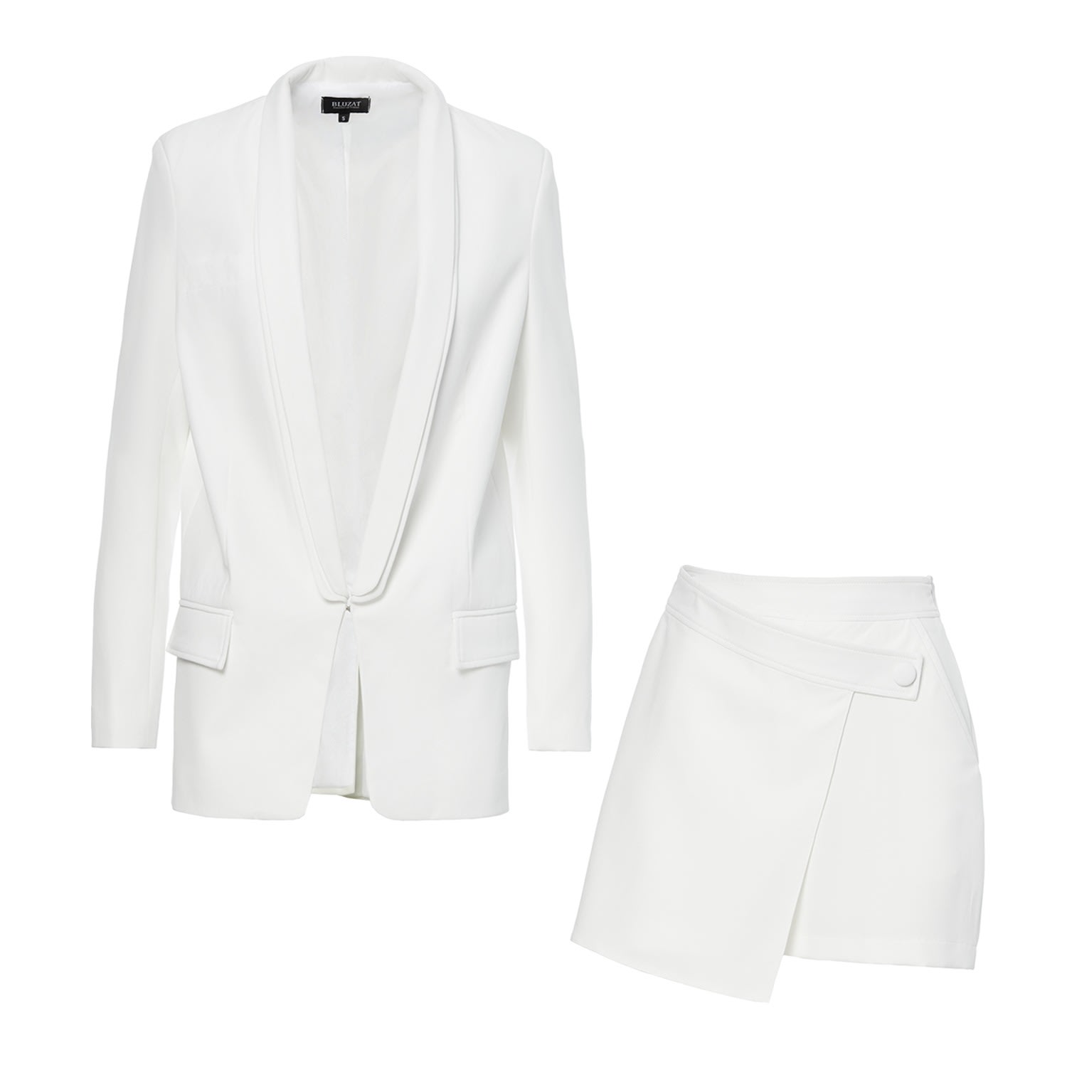 Women’s White Suit With Oversized Blazer With Double Lapels And Shorts With Skirt Large Bluzat