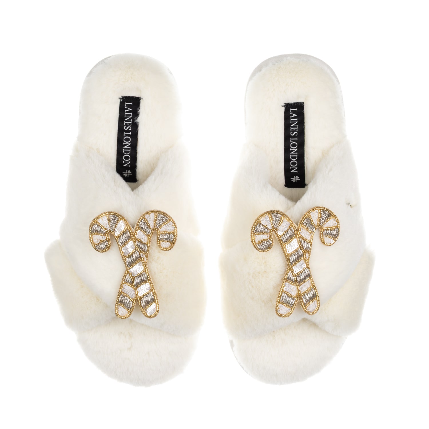 Laines London Women's Neutrals / White Classic Laines Christmas Collection Slippers With Double Gold & Silver Cand In White