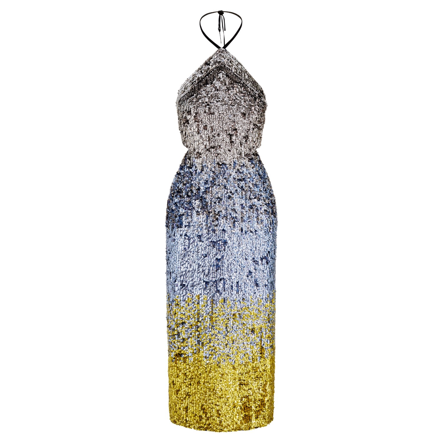 Raevynn Women's Zephyr Midi Dress In Ombre Sequins In Blue/gray/yellow