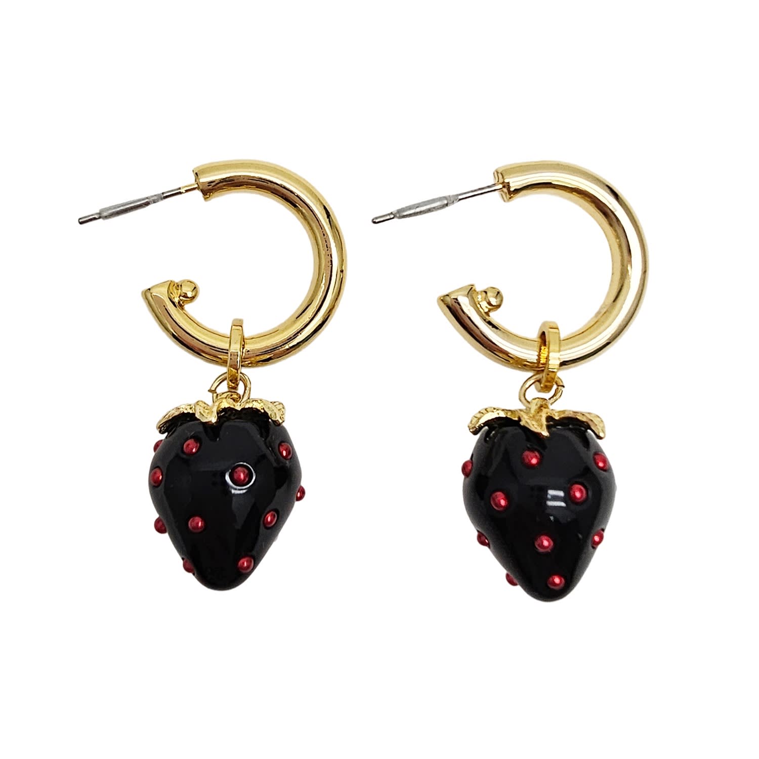 Farra Women's Black Strawberry Dangle Hoop Earrings