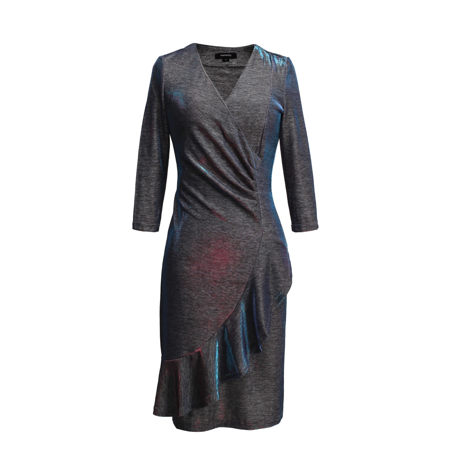 Smart And Joy Women's Cross-heart Fit-and-flare Tiered Ruffle Shiny Dress Blue In Blue