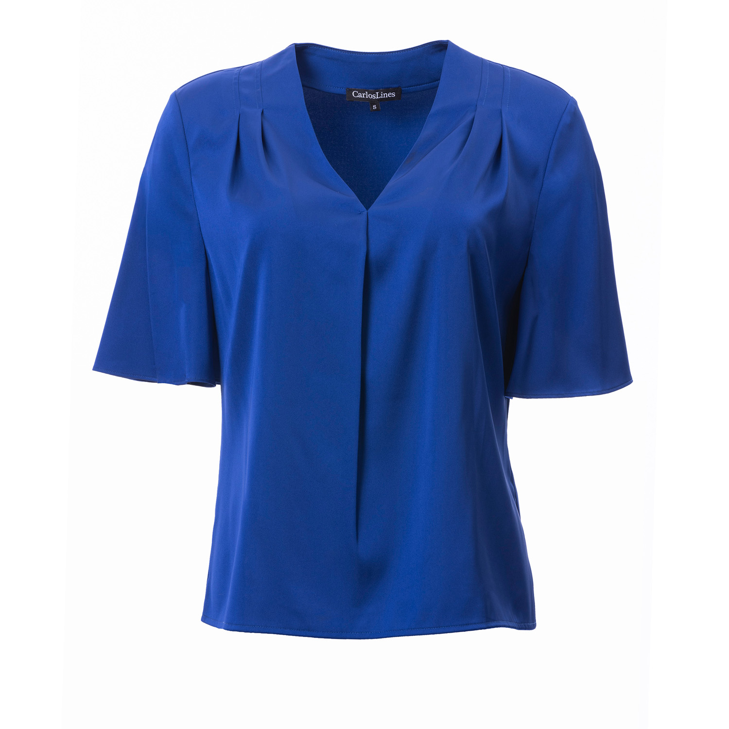 Carloslines Women's Blue V-neck Pleat Detail Flutter Sleeve Blouse In Cobalt Solid In Blue