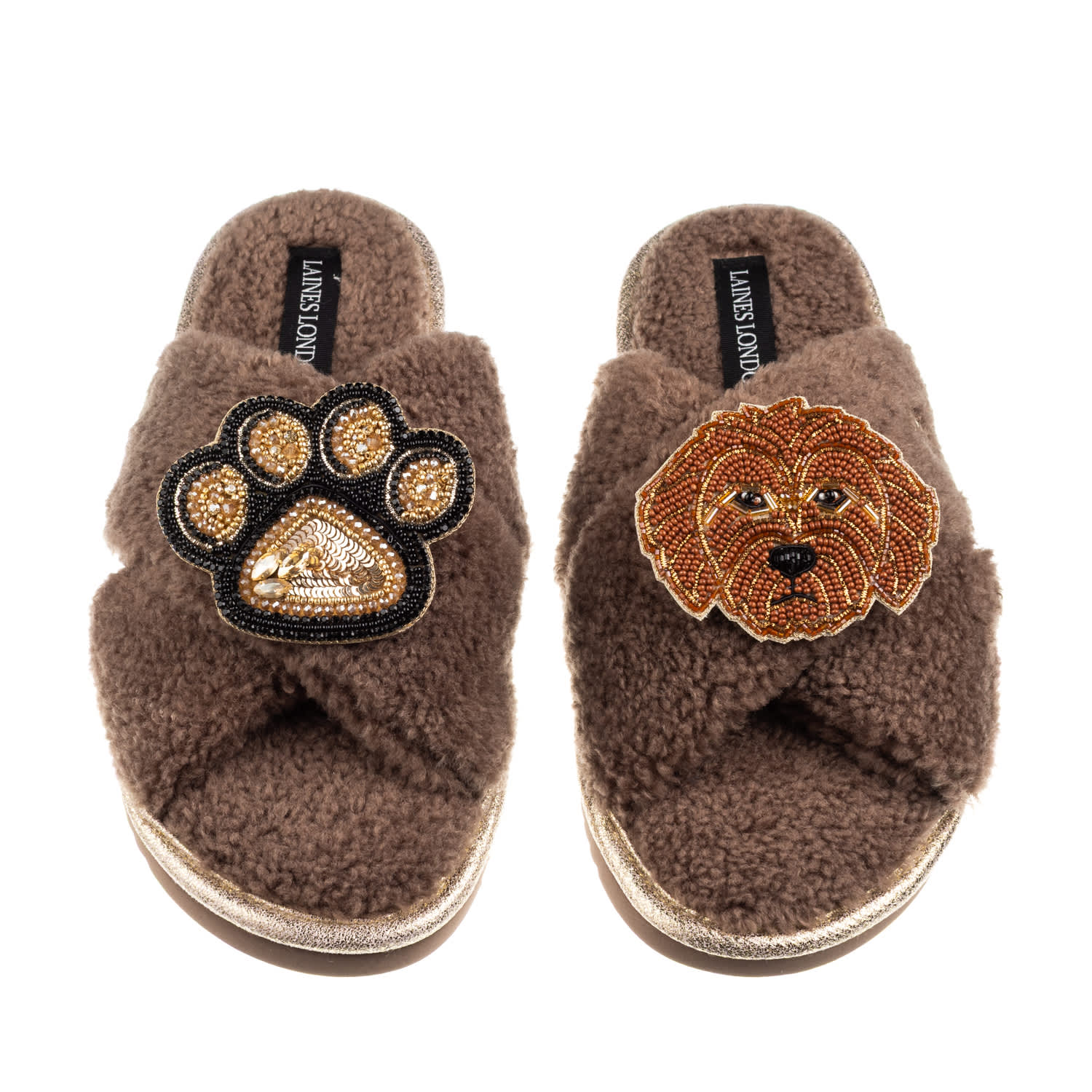 Laines London Women's Brown / Neutrals Boucle Slippers With Paw & Apricot Cockapoo Brooches - Mink In Brown