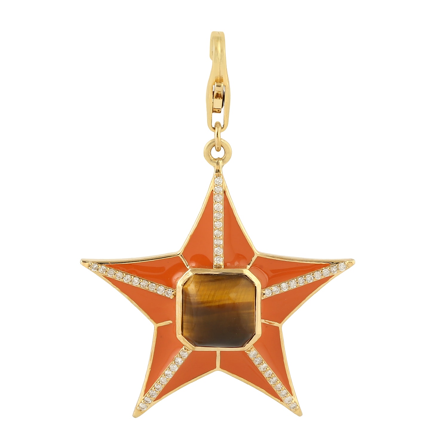 Women’s Gold / Brown 18K Solid Gold In Bezel Set Tiger Eye & Pave Diamond Star Enamel Pendant Artisan