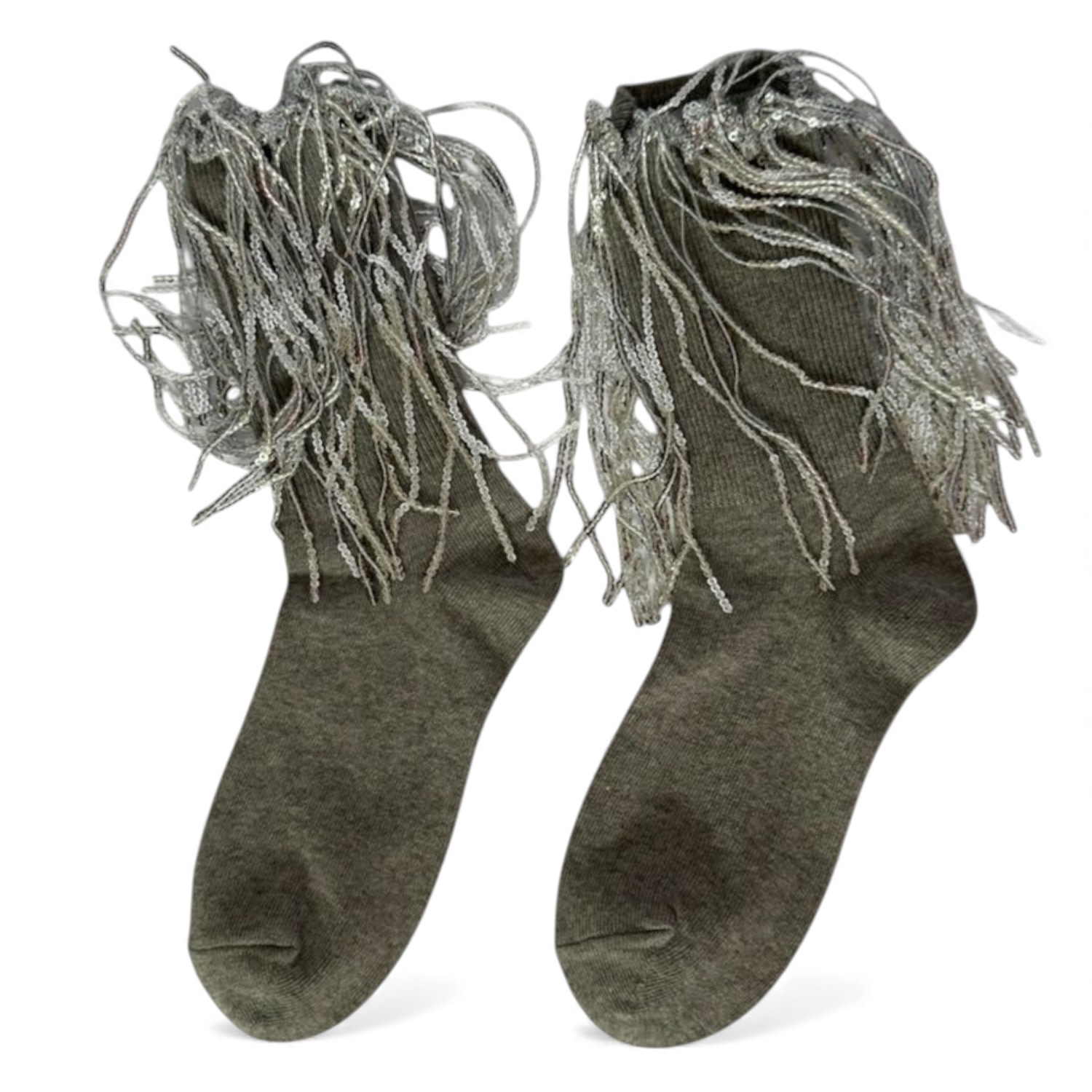 High Heel Jungle By Kathryn Eisman Women's Bowie Cotton Socks With Glitter Fringe Grey In Gray