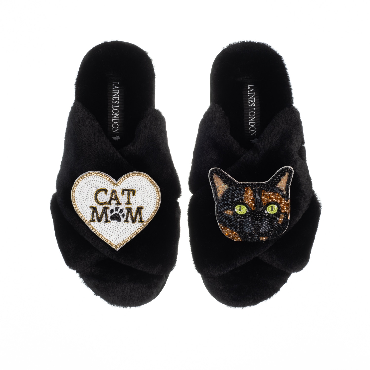 Laines London Women's Classic Laines Slippers With Cat Mum/mom & Misty Cat Brooches - Black In Black