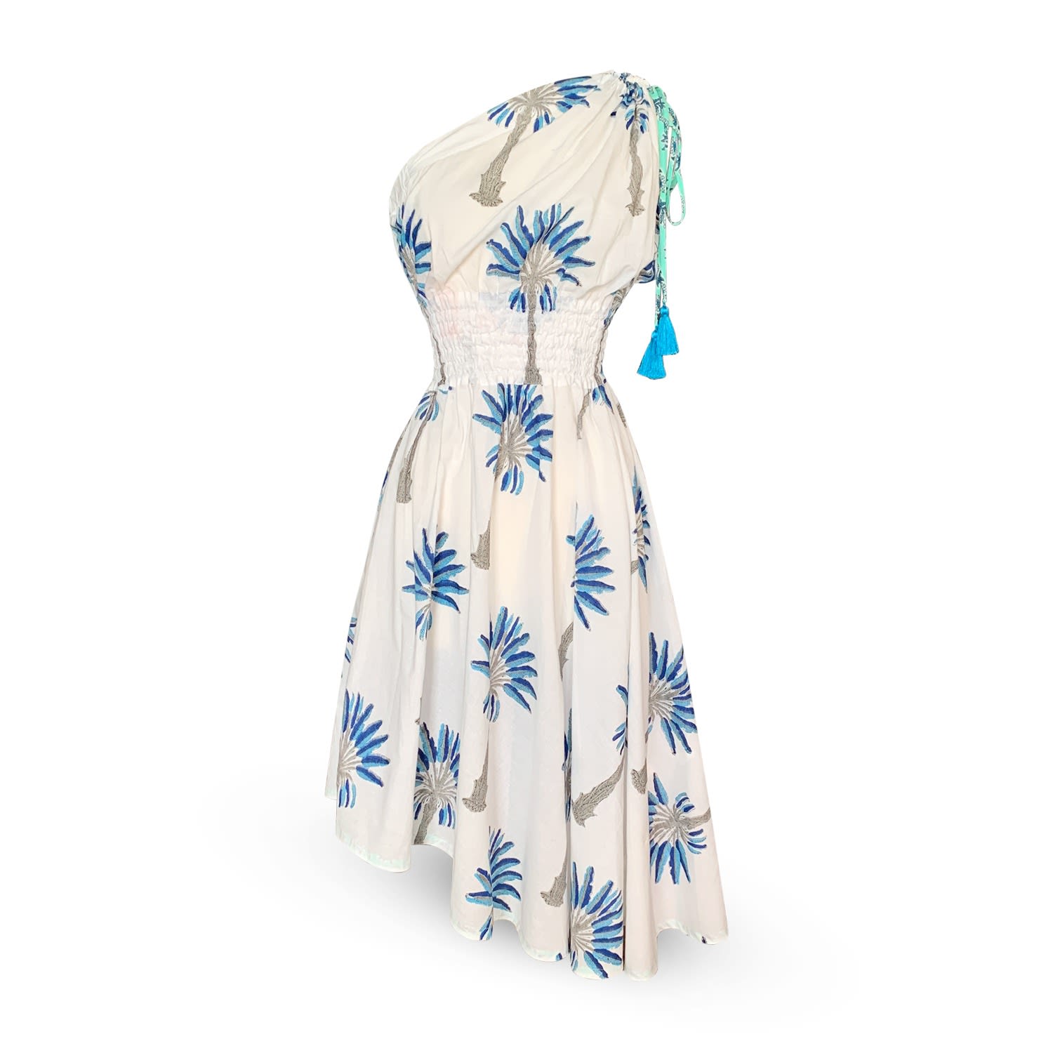 Women’s White One Shoulder Asymmetry Goddess Cotton Dress With Silk Tassels Palm Tree Print Blue Small Pick Happy