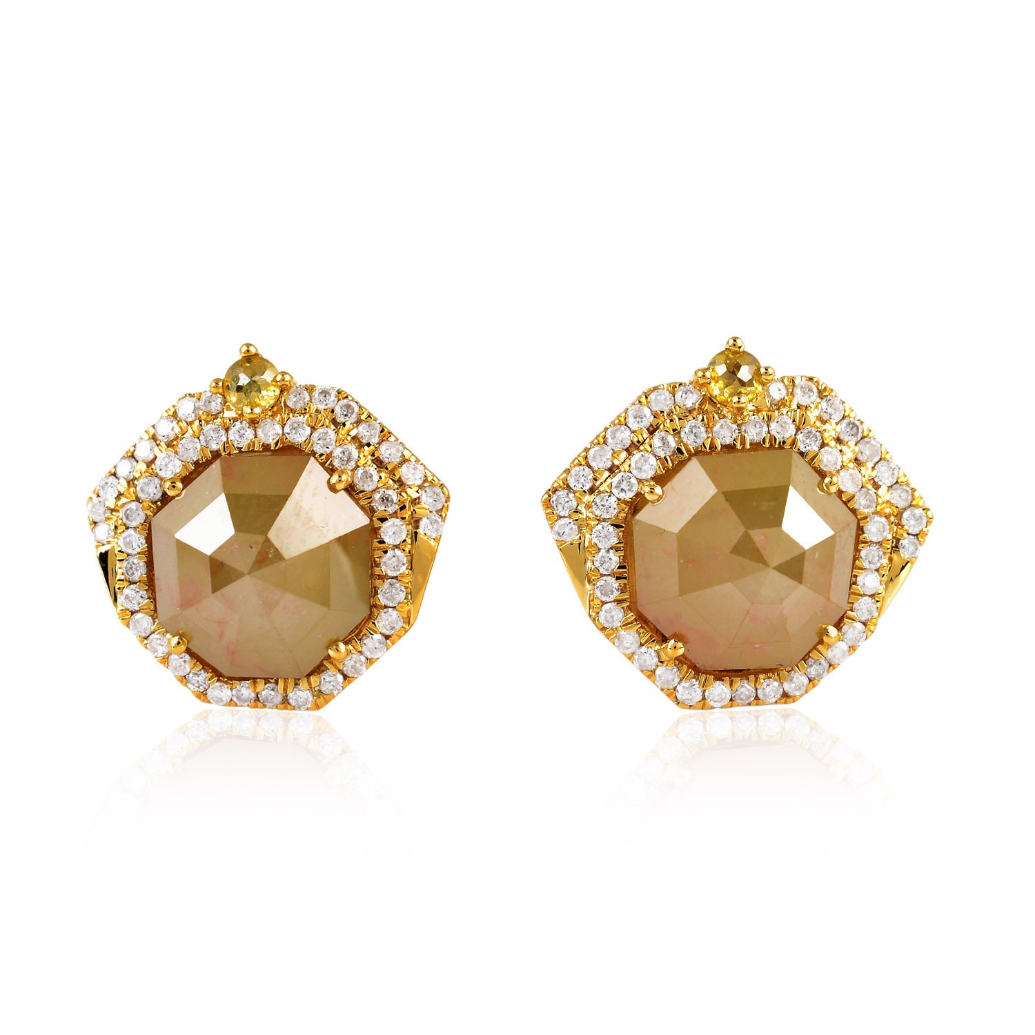 Artisan Women's White / Gold / Brown 18k Yellow Gold Hexagon Ice Diamond Stud Earrings In Gold