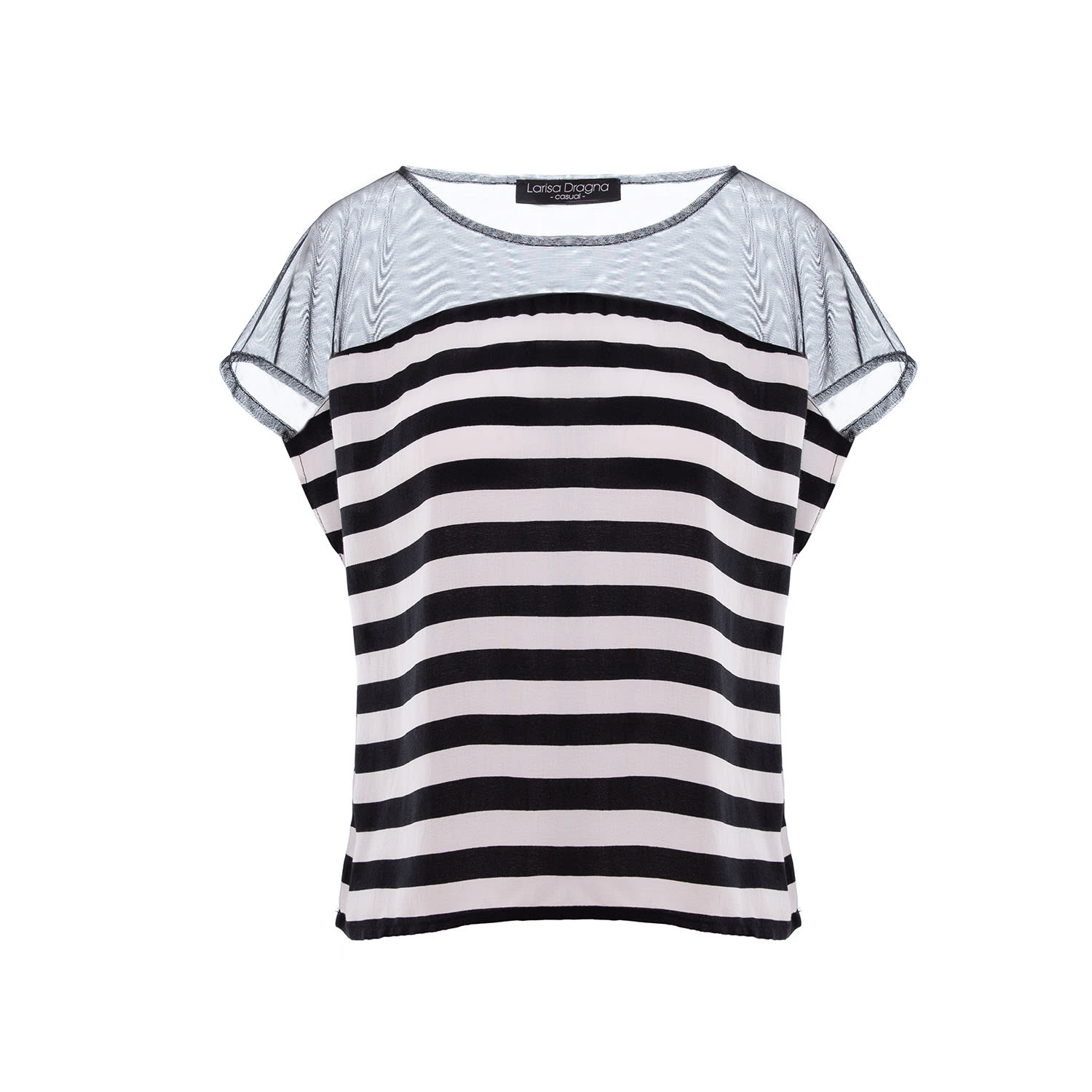Larisa Dragna Women's Black / White French Striped Viscose Blouse With Tulle Insertion In Black