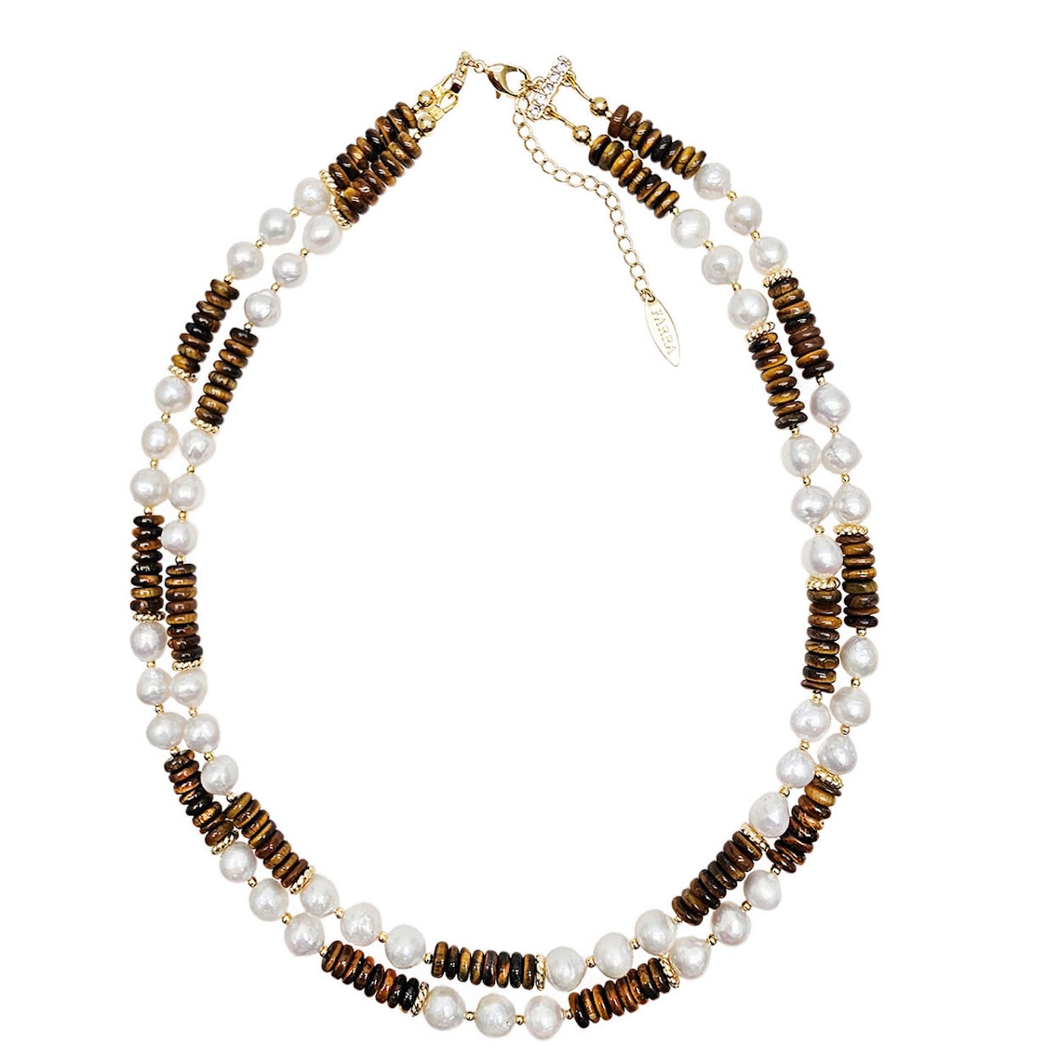 Farra Women's Brown / White Freshwater Pearls With Tiger Eye Double Layers Necklace