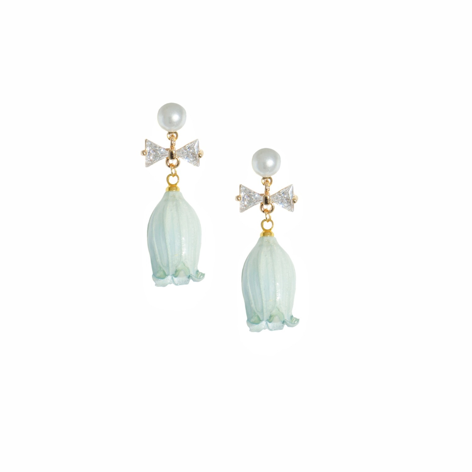 I'mmany London Women's Blue Real Flower Lilian Lily Of The Valley Crystal Bow Flower Drop Pearl Earrings