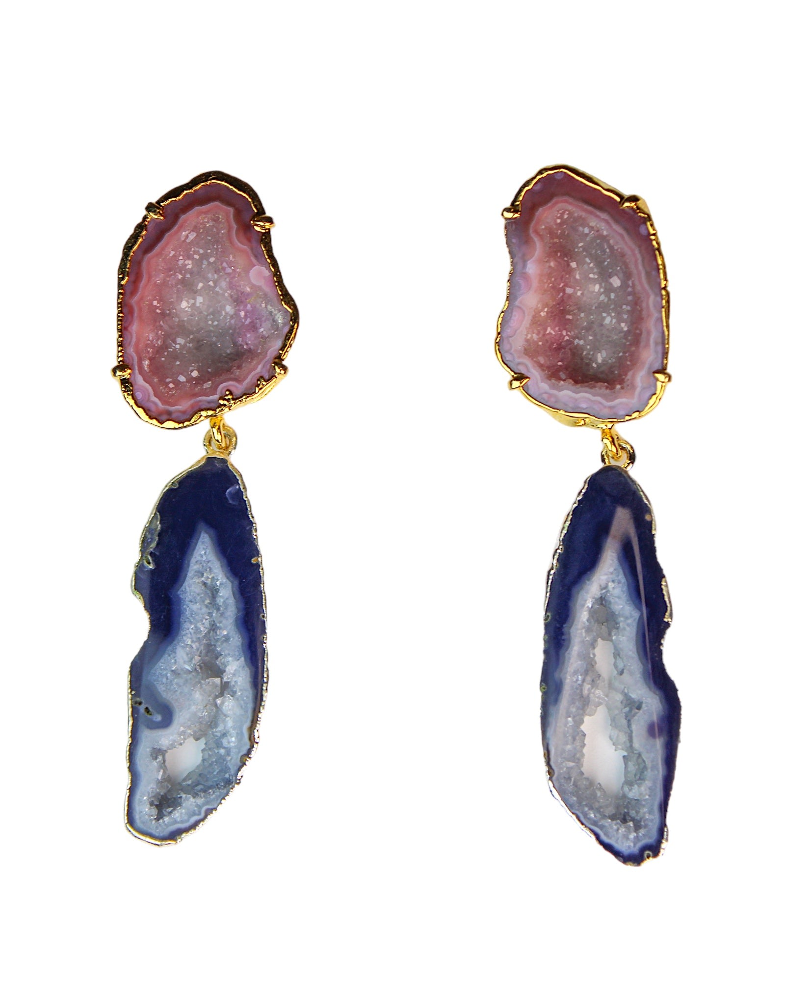 Women’s Pink / Purple One Of A Kind Pink & Blue Crystal Geode Statement Drop Earrings In Two Tone Silver & Gold Hardware Amina Johan