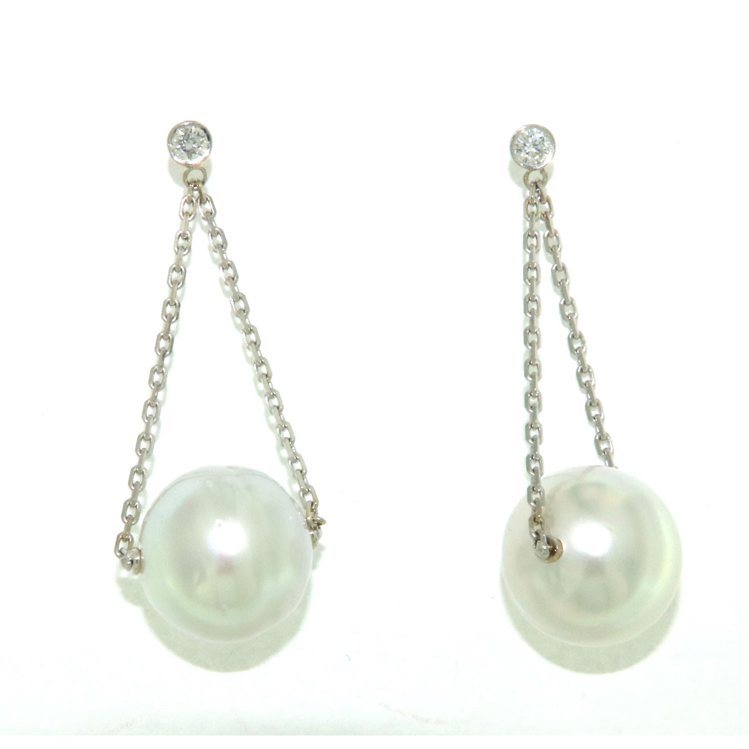 Artisan Women's 18k White Gold With Bezel Set Diamond & Pearl Ball Chain Loop Dangle Earrings In White